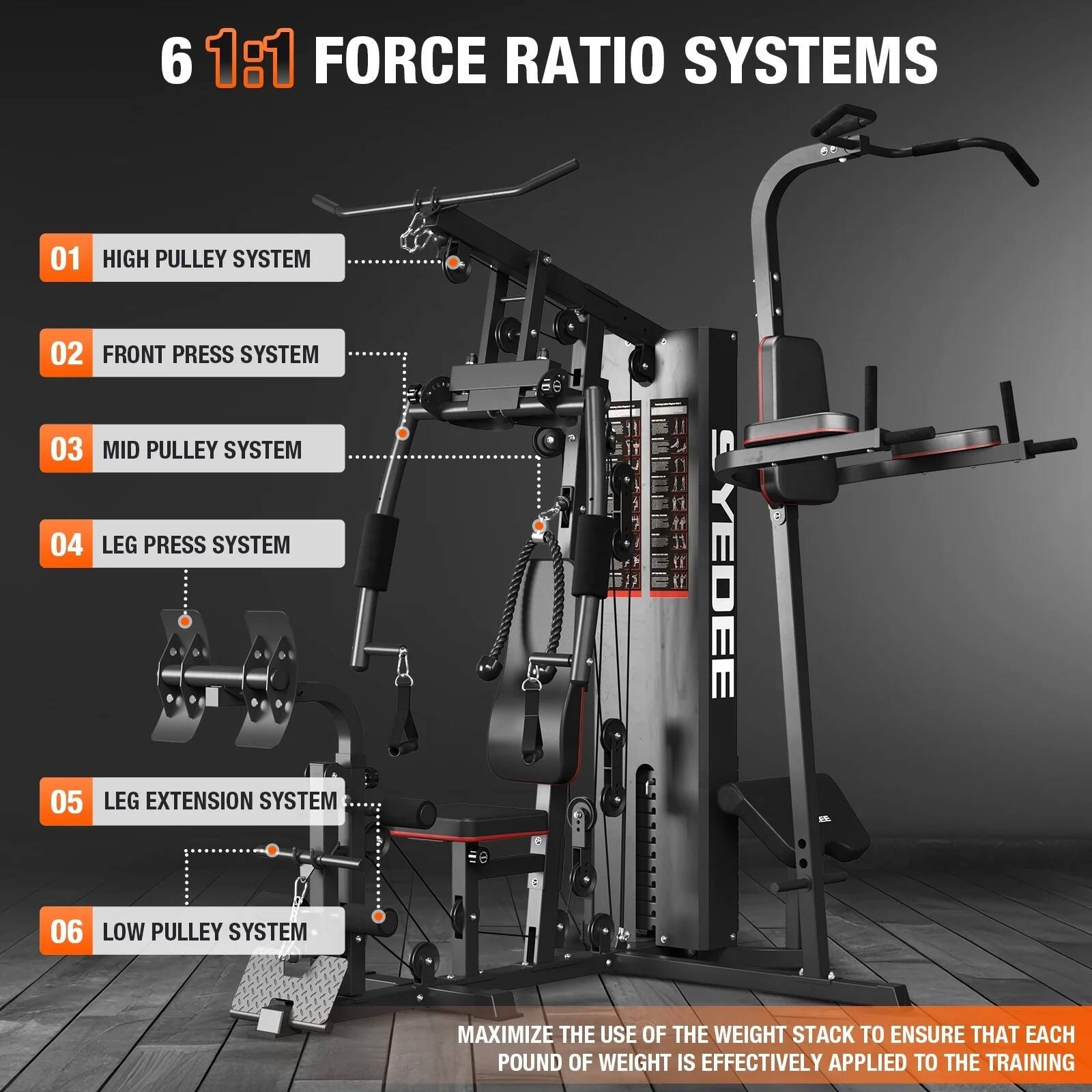 6 1:1 FORCE RATIO SYSTEMS

01 HIGH PULLEY SYSTEM  
02 FRONT PRESS SYSTEM  
03 MID PULLEY SYSTEM  
04 LEG PRESS SYSTEM  
05 LEG EXTENSION SYSTEM  
06 LOW PULLEY SYSTEM  

MAXIMIZE THE USE OF THE WEIGHT STACK TO ENSURE THAT EACH POUND OF WEIGHT IS EFFECTIVELY APPLIED TO THE TRAINING