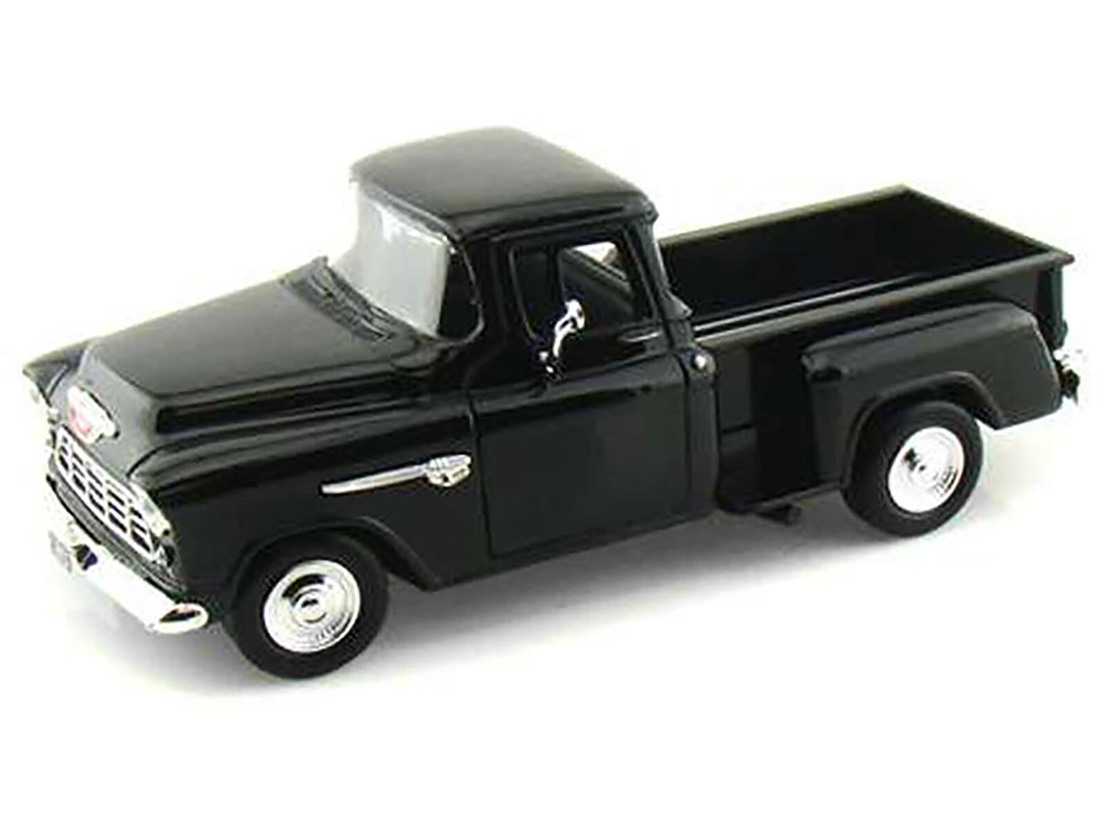 Angle. Motormax - 1955 Chevrolet 5100 Stepside Pickup Truck Black 1/24 Diecast Car Model by Motormax - Black.