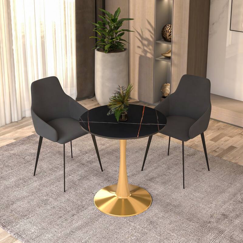 Angle. LeisureMod - Bristol 24" Round MDF/Sintered Stone Dining Table, Modern Pedestal Base - Scratch-Resistant Kitchen & Cafe Table - Stone - Black.