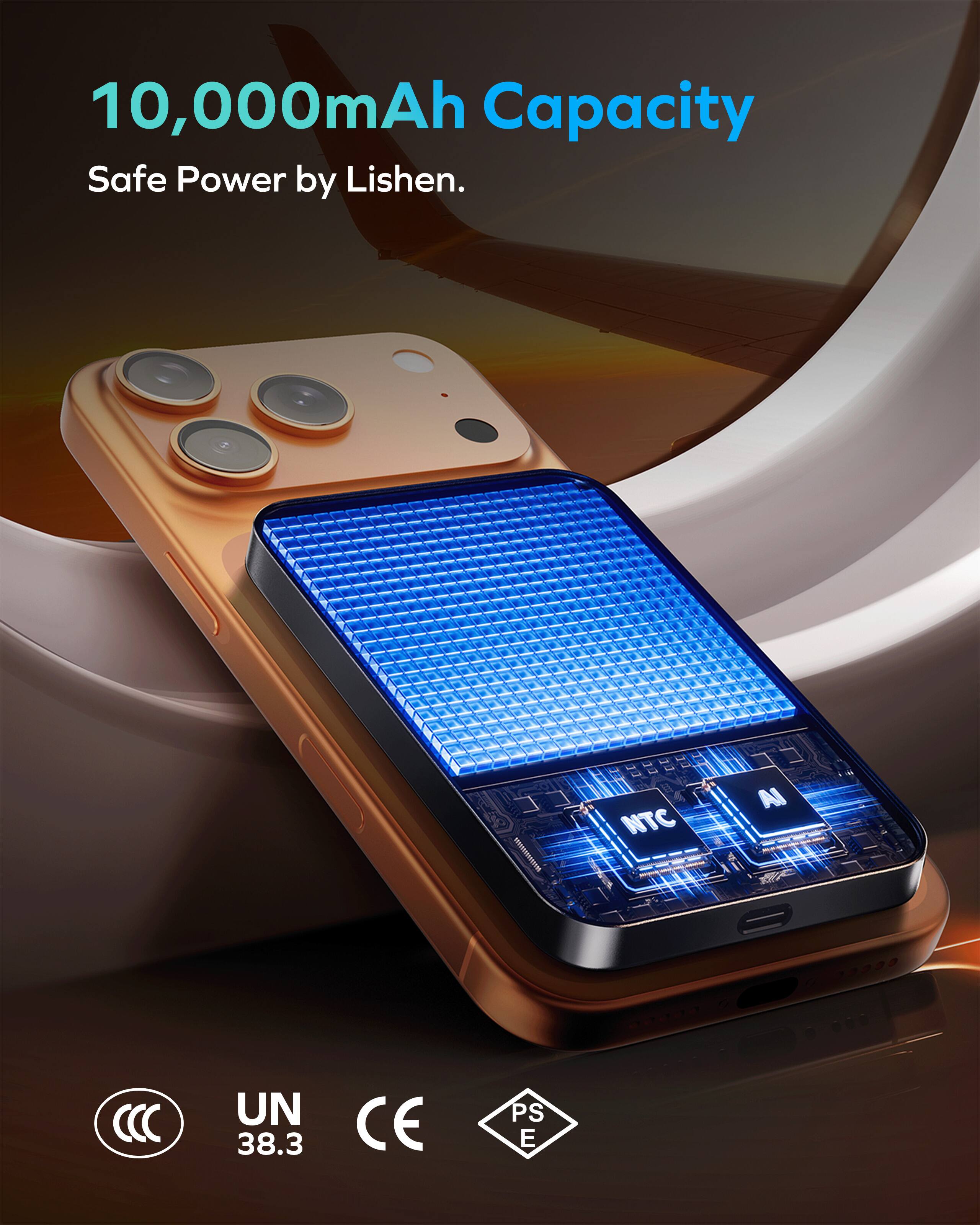 10,000mAh Capacity  
Safe Power by Lishen.  

UN 38.3  
CE  
CCC  
PS E