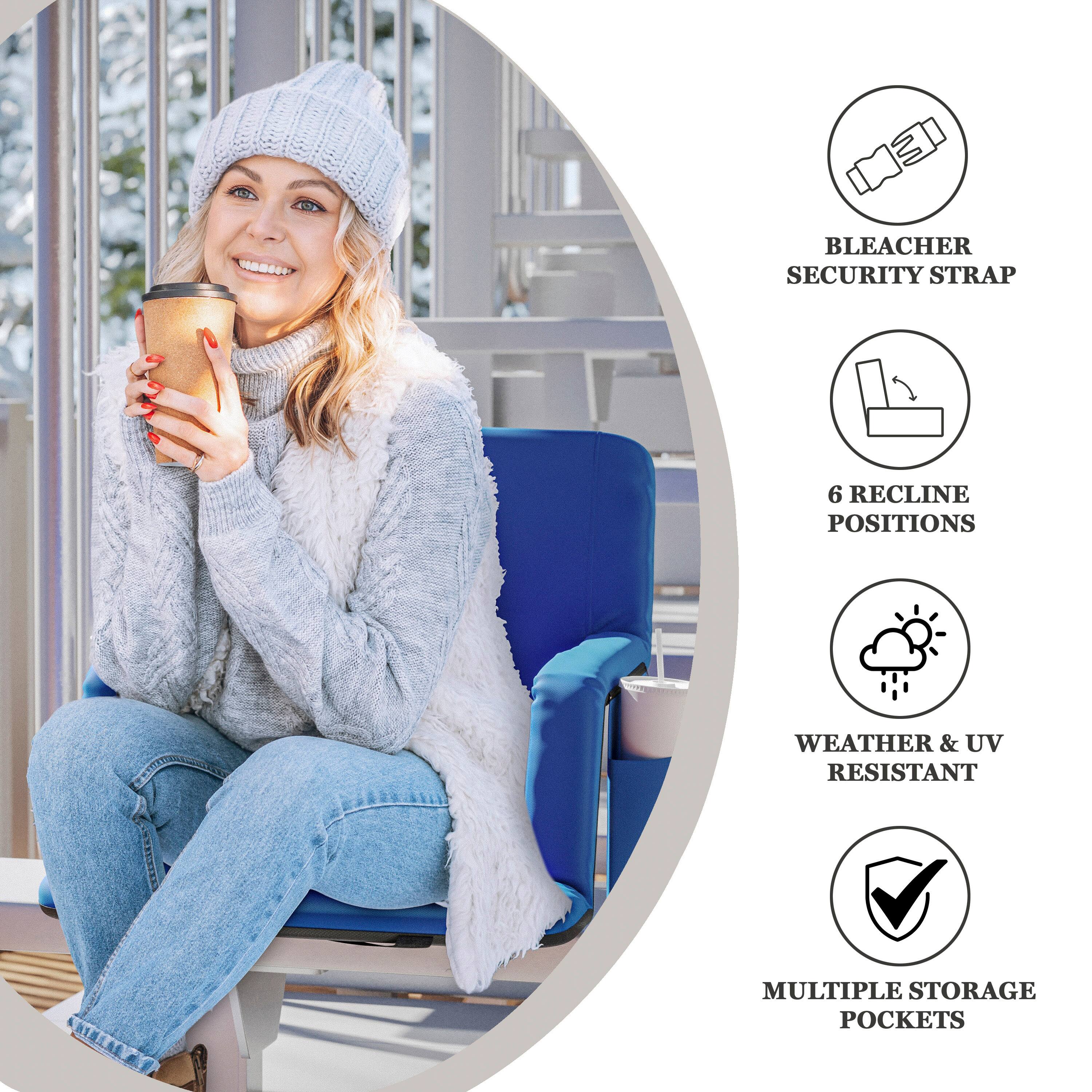 - Bleacher Security Strap
- 6 Recline Positions
- Weather & UV Resistant
- Multiple Storage Pockets