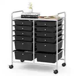 WELLFOR - 12 Drawer Rolling Storage Cart, Drawer Organizer with Wheels, Scrapbook Paper Office School Organizer - Black