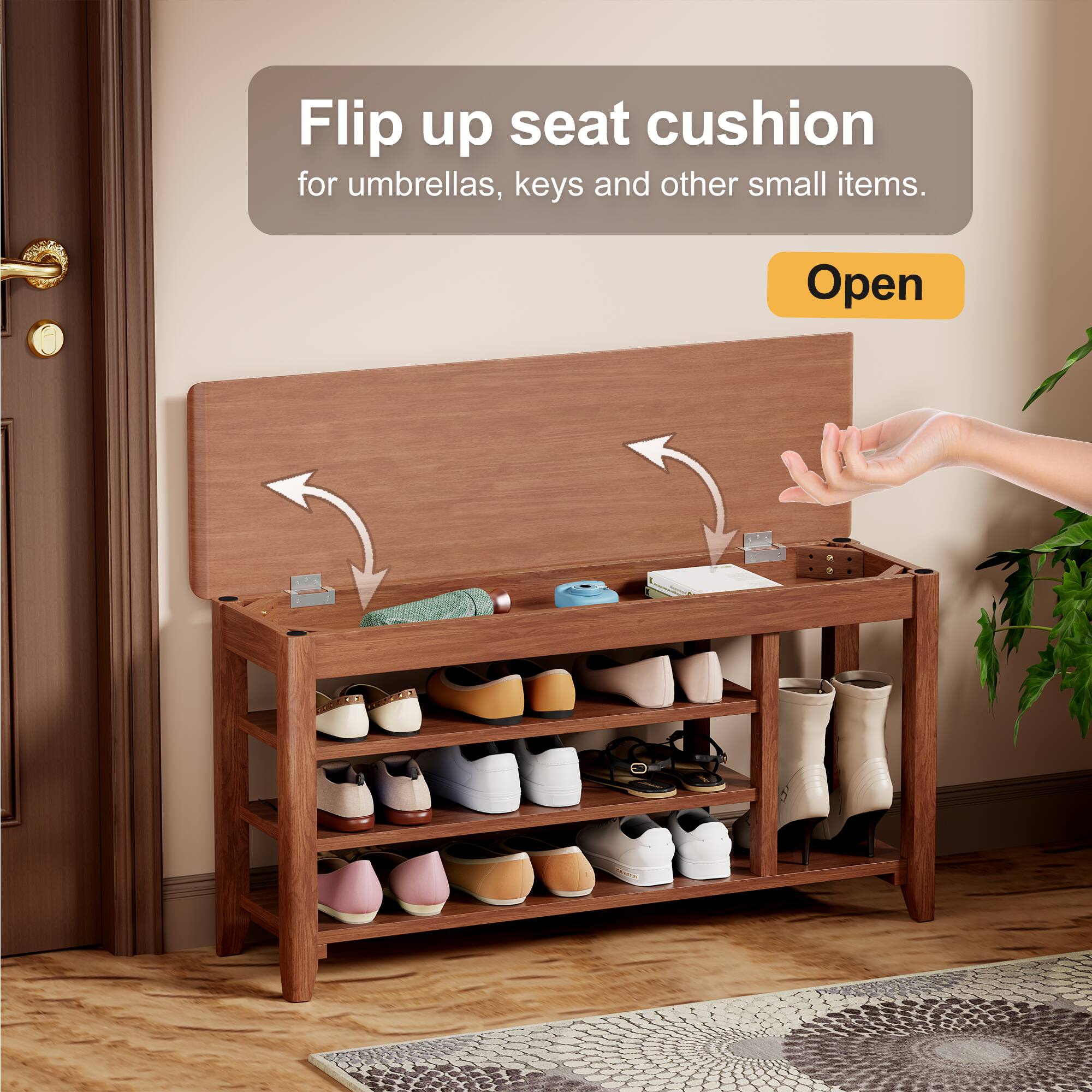 Flip up seat cushion for umbrellas, keys and other small items. Open