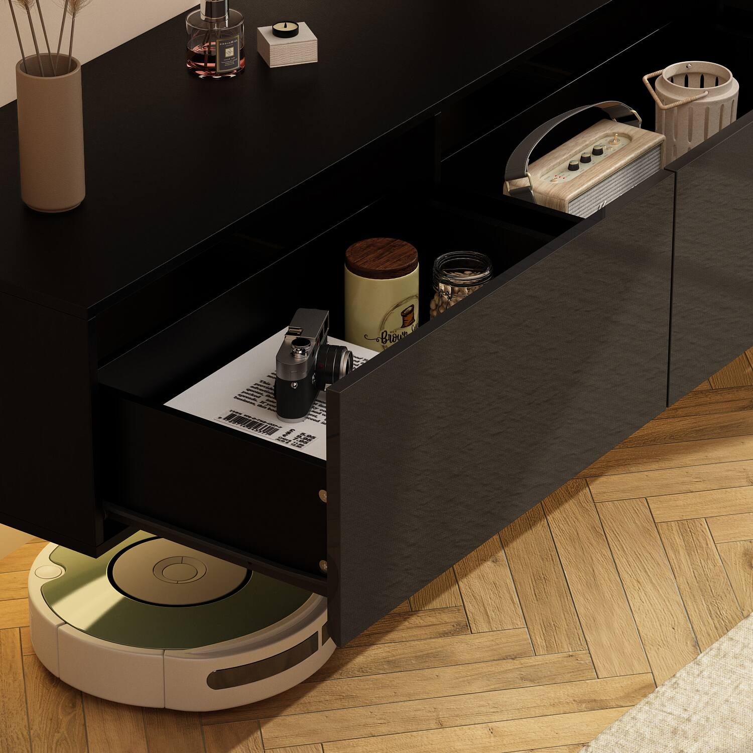 Alt View 2. Famapy - Famapy Wall - Mounted TV Stand with Hidden Drawers High Gloss Finish TV Console - Black.