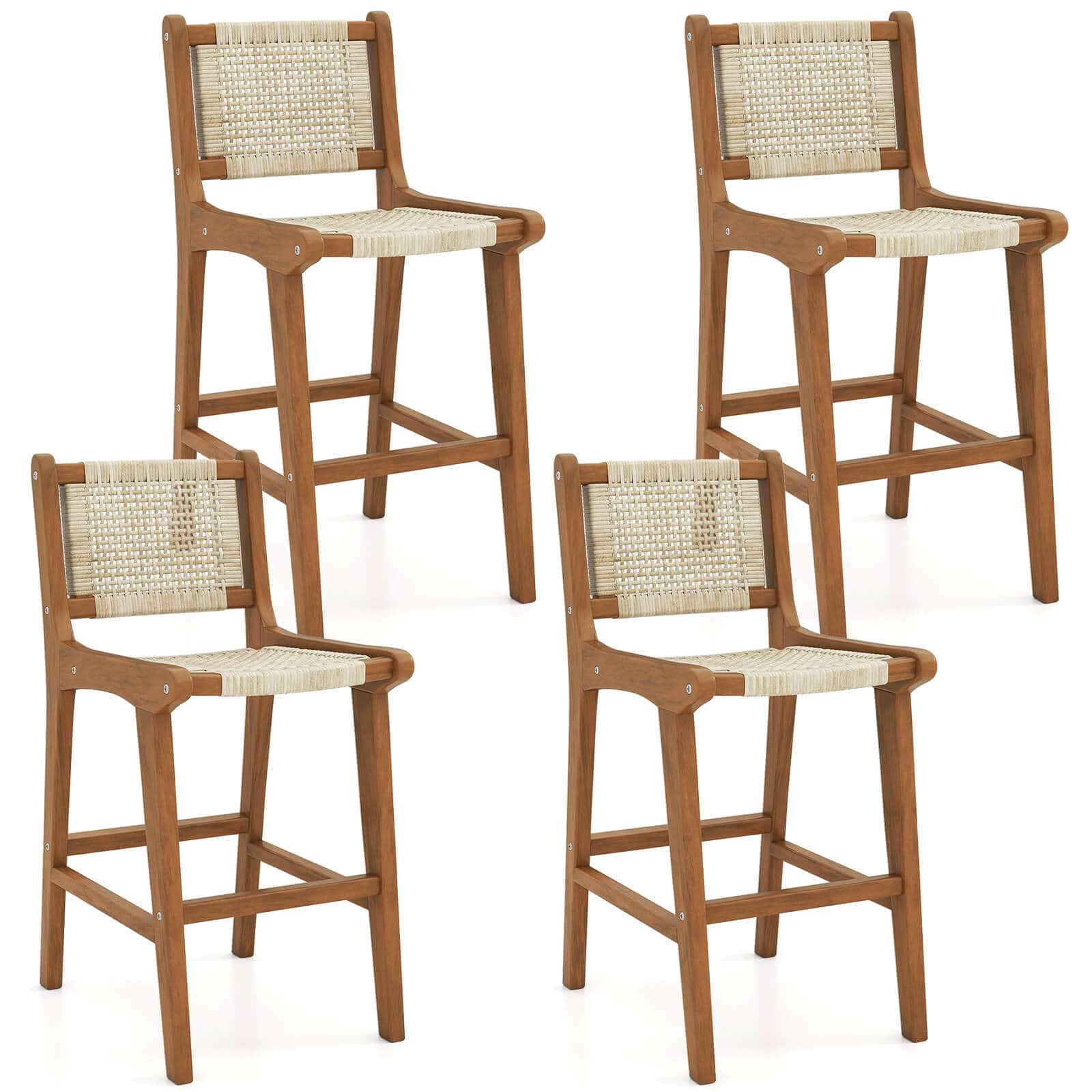 Costway - Coatway 4 PCS Outdoor Counter Height Bar Stool with Wood Frame Back &Footrest for Balcony - Natural