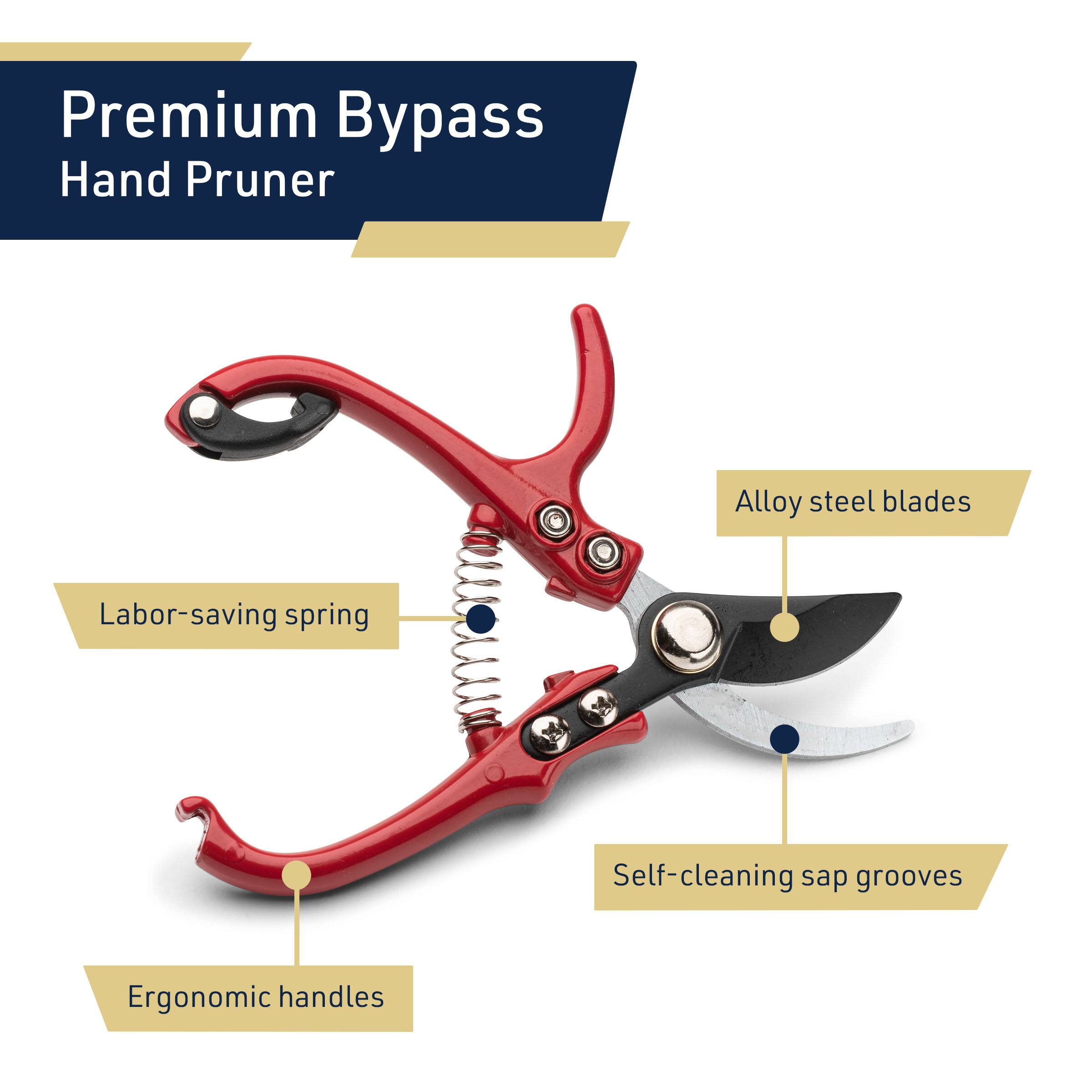 Premium Bypass Hand Pruner

- Alloy steel blades
- Labor-saving spring
- Self-cleaning sap grooves
- Ergonomic handles