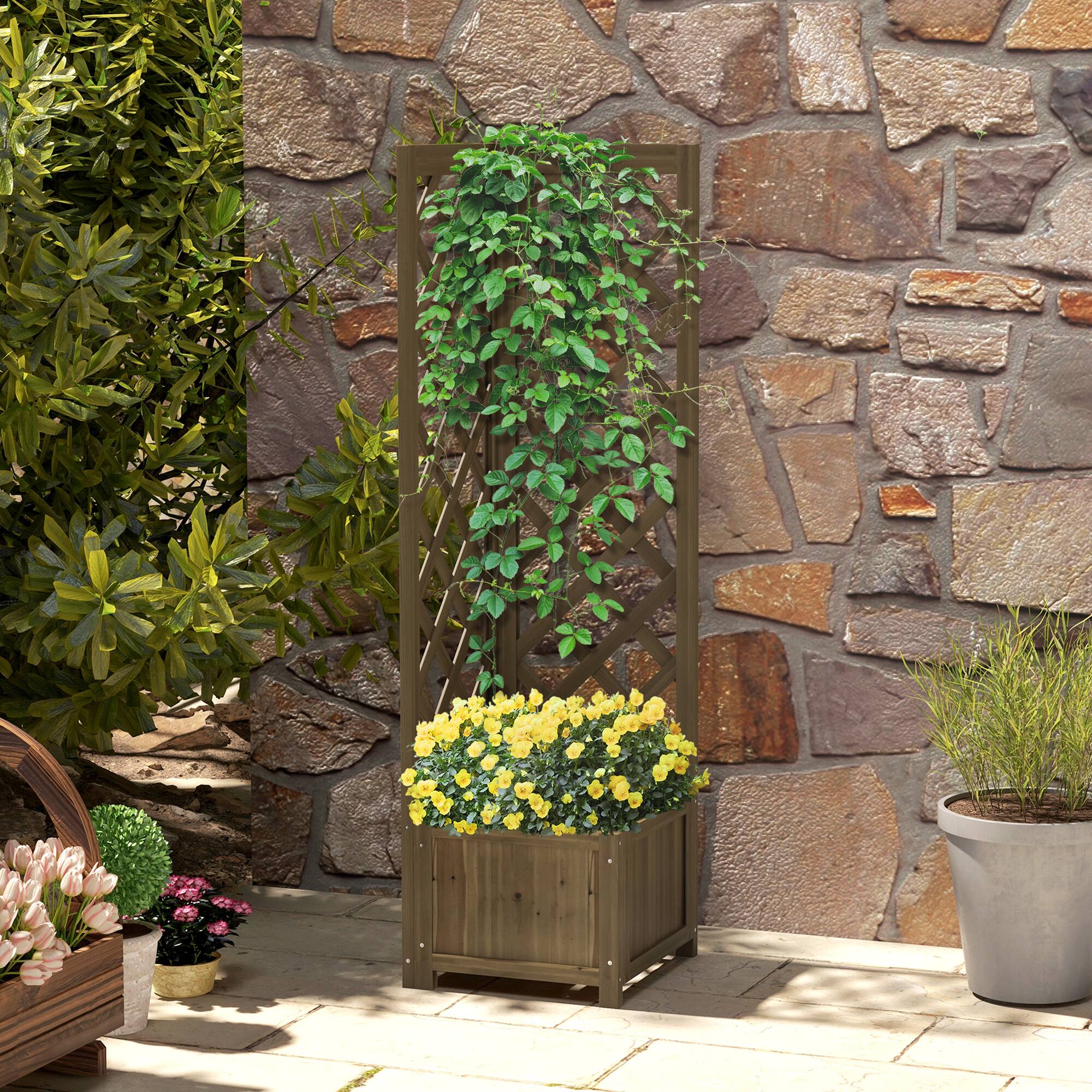 Alt View 1. Outsunny - Raised Garden Bed, Planter with Trellis for Vine Climbing and Vegetables - Carbonized.