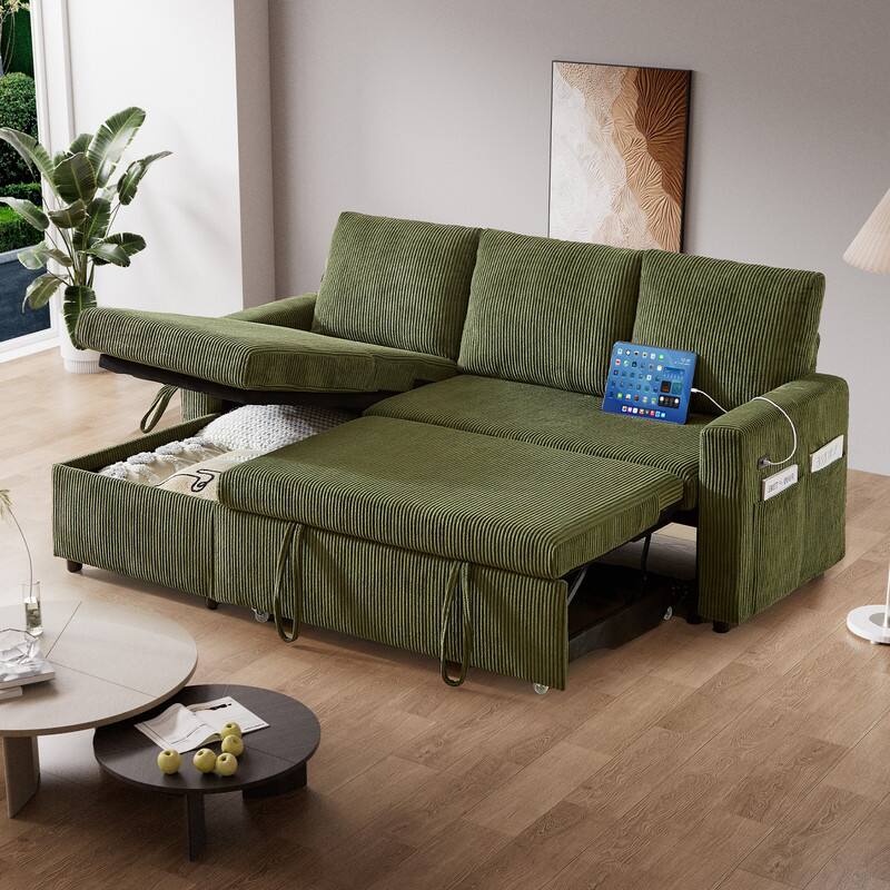 Alt View 1. Vipbear - 81" L Shaped Corduroy Sleeper Sofa Bed with Pull Out Bed Reclining Backrest,Storage Chaise,USB Ports,Tool-Free Assembly - Green.