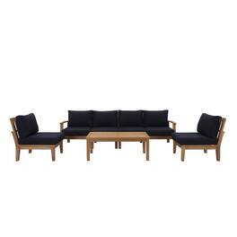 Modway - Marina 7-Piece Outdoor Teak Patio Set - Solid Teak, Cushioned Seats, Machine-Washable Covers - Natural Navy