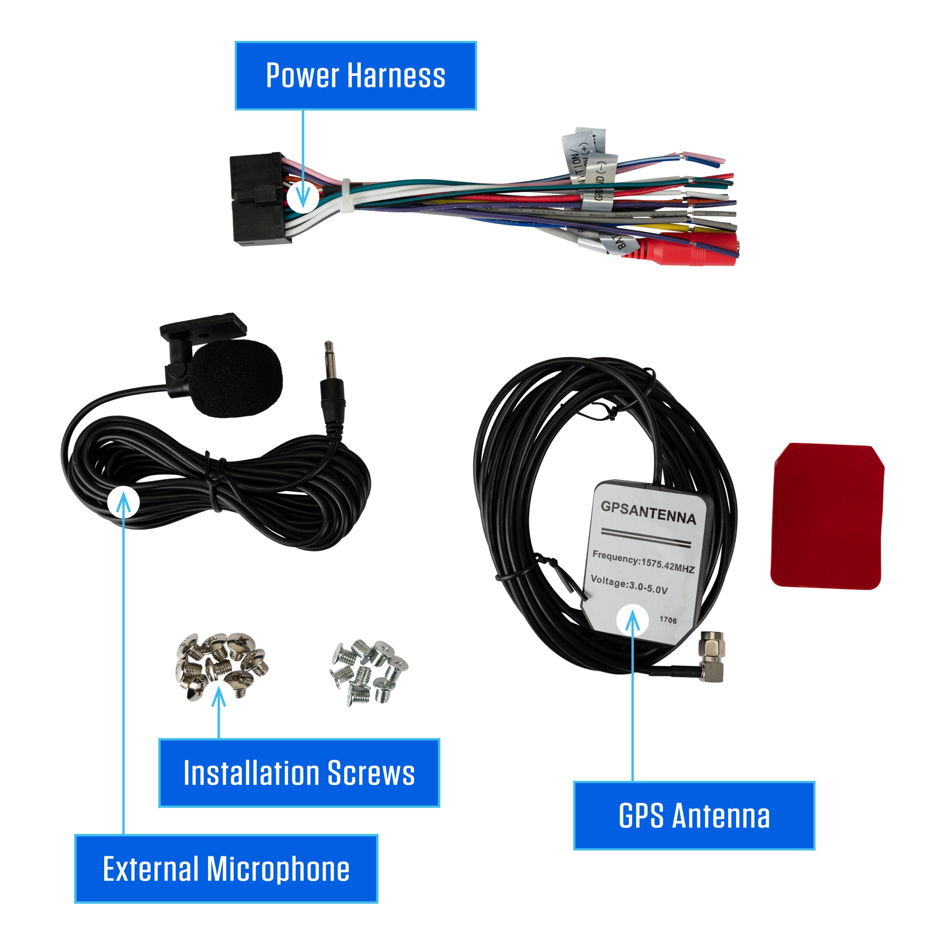 Power Harness ON  
GPS Antenna  
Frequency: 1575.42MHz  
Voltage: 3.0-5.0V  
Installation Screws  
External Microphone