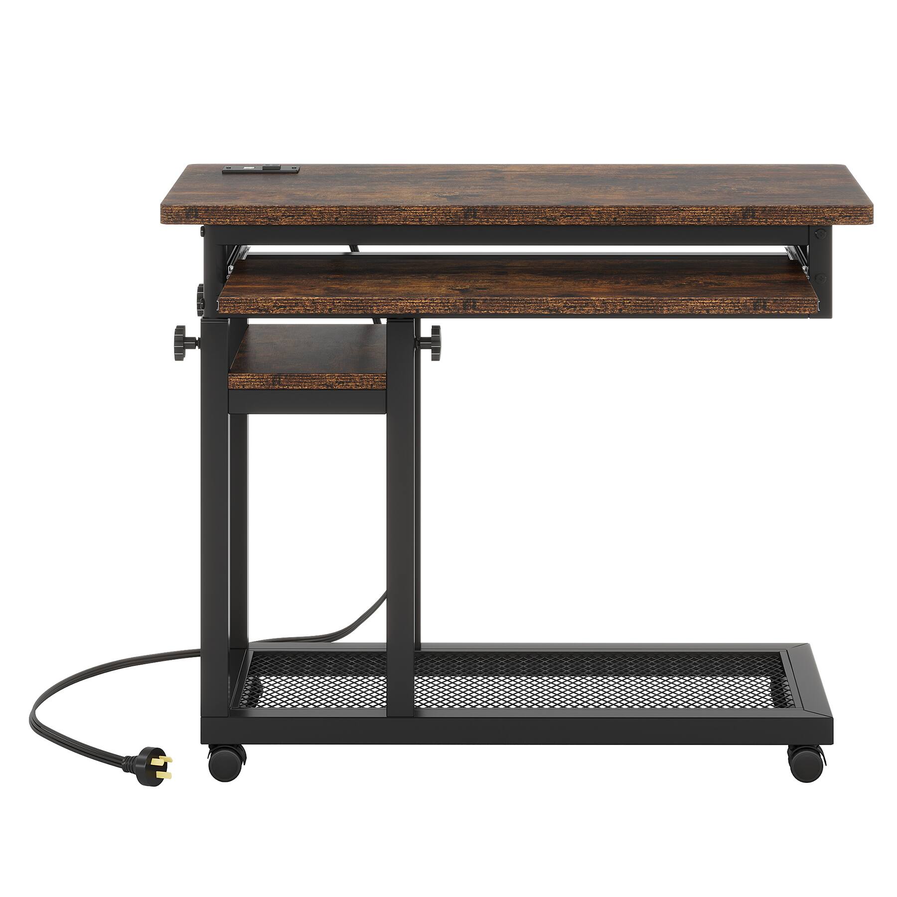 Left. APRILSOUL - 28-39.3in H Adjustable Portable Desk with Power Outlet and USB Ports Rolling C-Shaped Side Table with KeyboardTray Brown - Brown+Black.