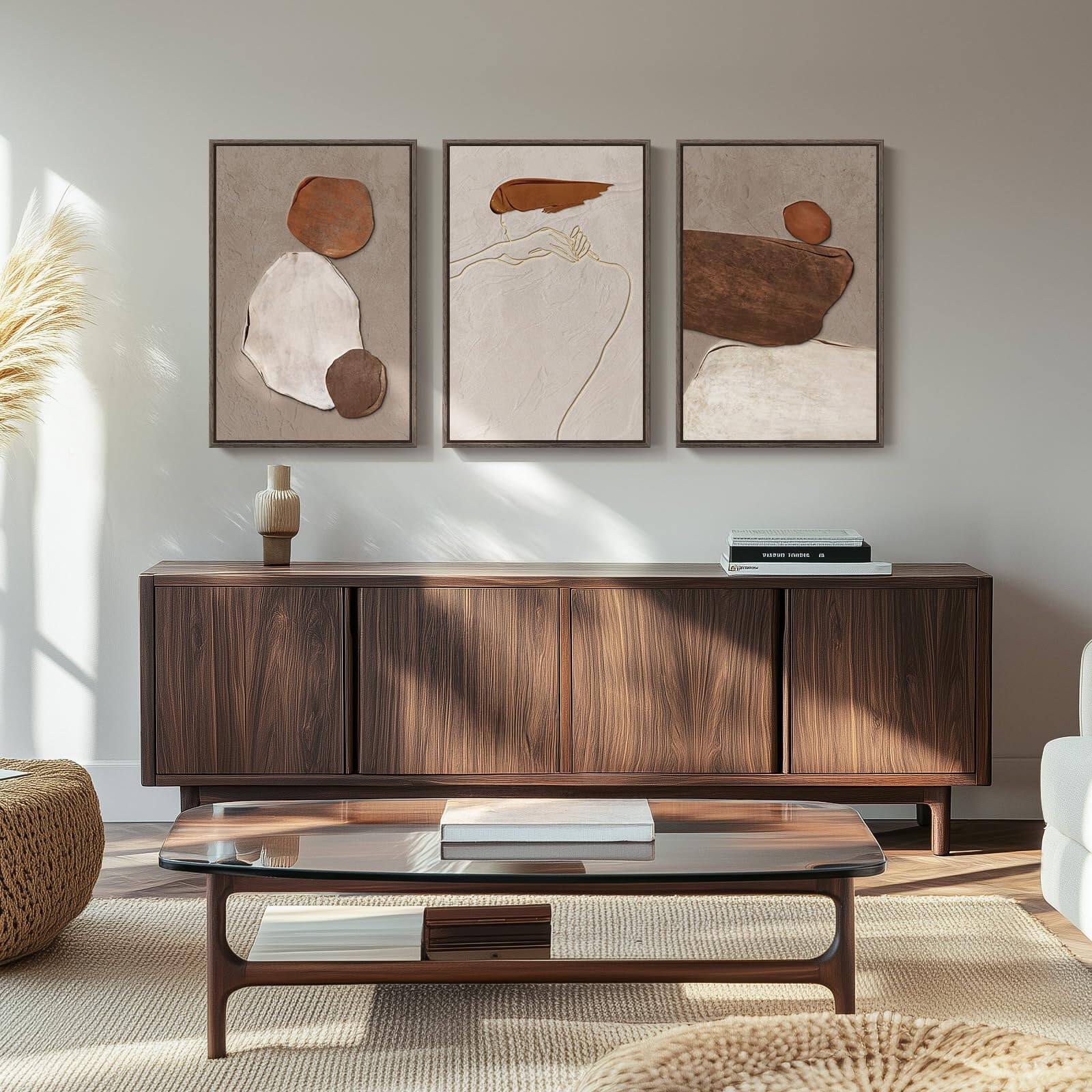 Alt View 1. Fabibe - Framed Neutral Abstract Wall Art, 3 Piece Earth Tones Rustic Canvas Prints Paintings Artwork for Walls, Minimalist Abstr - Contrastive 24" W x 36" H x 3Pcs.