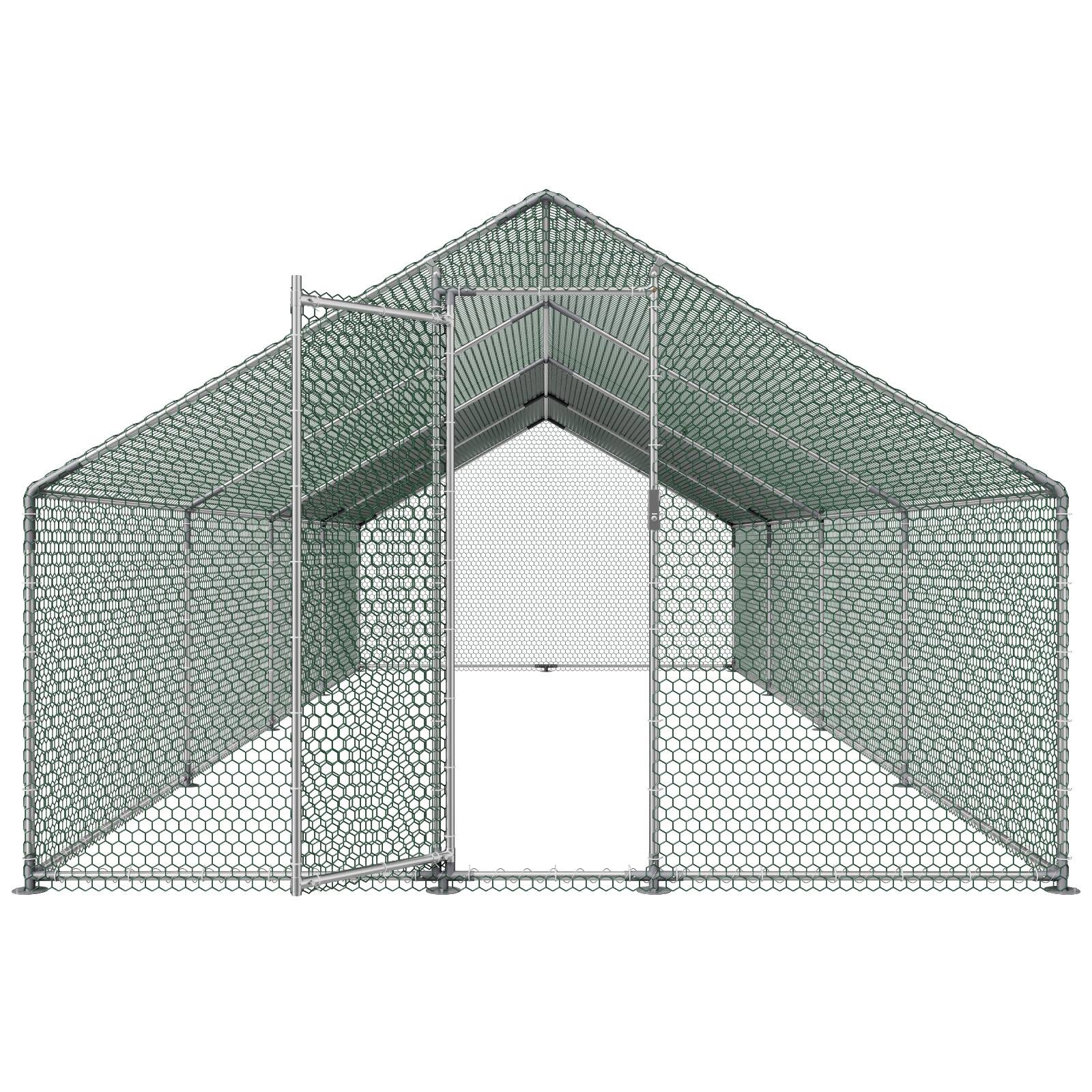 Alt View 5. VEVOR - Large Metal Chicken Coop,9.8 x 26.2 x 6.6 ft, Walk-in Chicken Runs with Waterproof Cover, Spire Roof Hen House Enclosure - Silver.