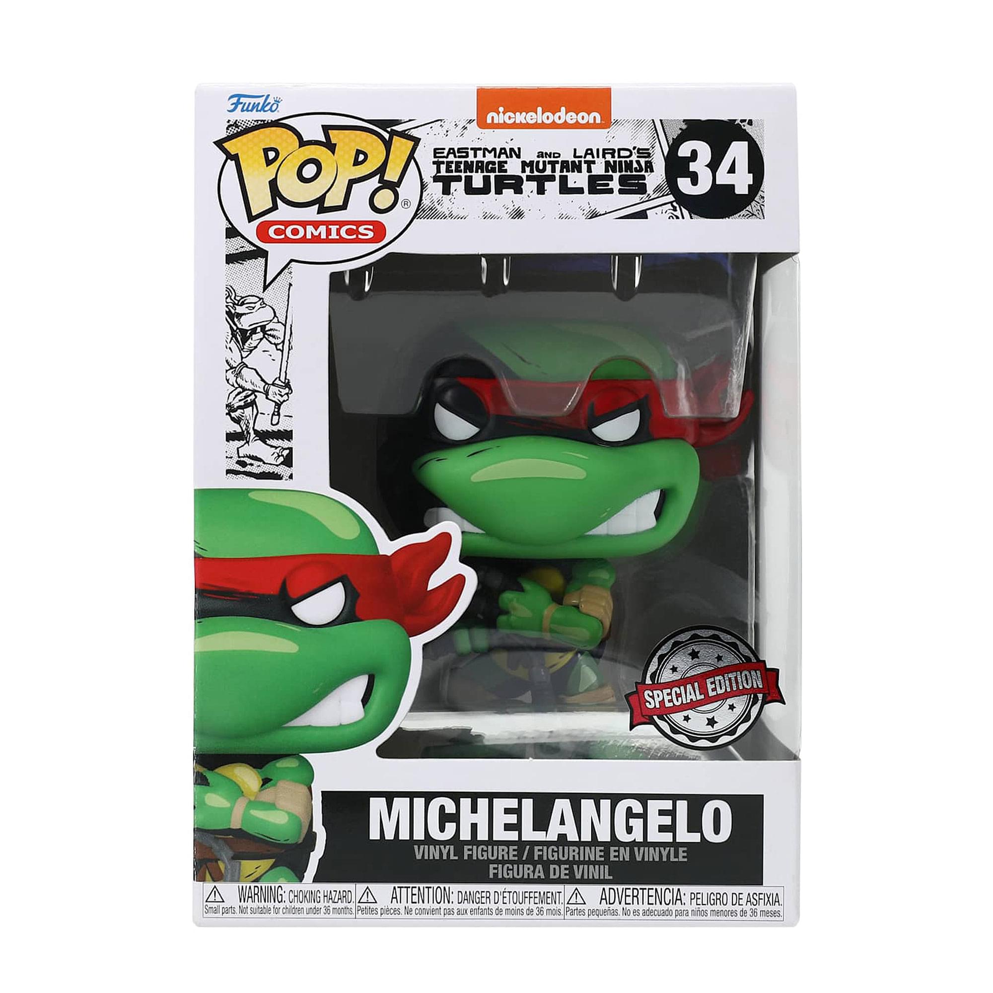 Funko  
Nickelodeon  
POP!  
COMICS  

EASTMAN AND LAIRD'S  
TEENAGE MUTANT NINJA TURTLES  

34  

SPECIAL EDITION  

MICHELANGELO  
VINYL FIGURE / FIGURINE EN VINYLE / FIGURA DE VINIL / FIGURA DE VINIL  

WARNING: CHOKING HAZARD - Small parts. Not suitable for children under 3 years.  
ATTENTION: DANGER D'ÉTOUFFEMENT - Petites pièces. Ne convient pas aux enfants de moins de 3 ans.  
ADVERTENCIA: PELIGRO DE ASFIXIA - Piezas pequeñas. No es adecuado para niños menores de 3 años.