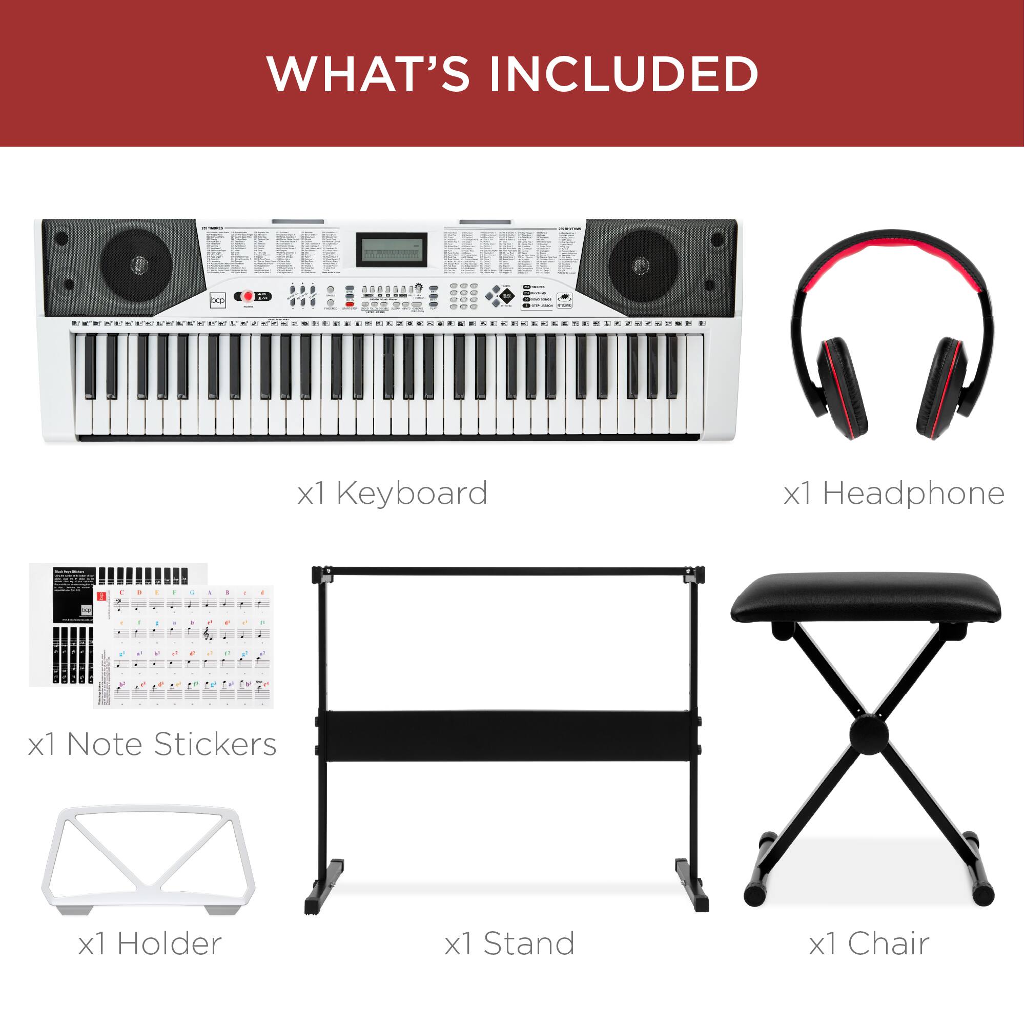 WHAT'S INCLUDED

x1 Keyboard  
x1 Headphone  
x1 Note Stickers  
x1 Holder  
x1 Stand  
x1 Chair