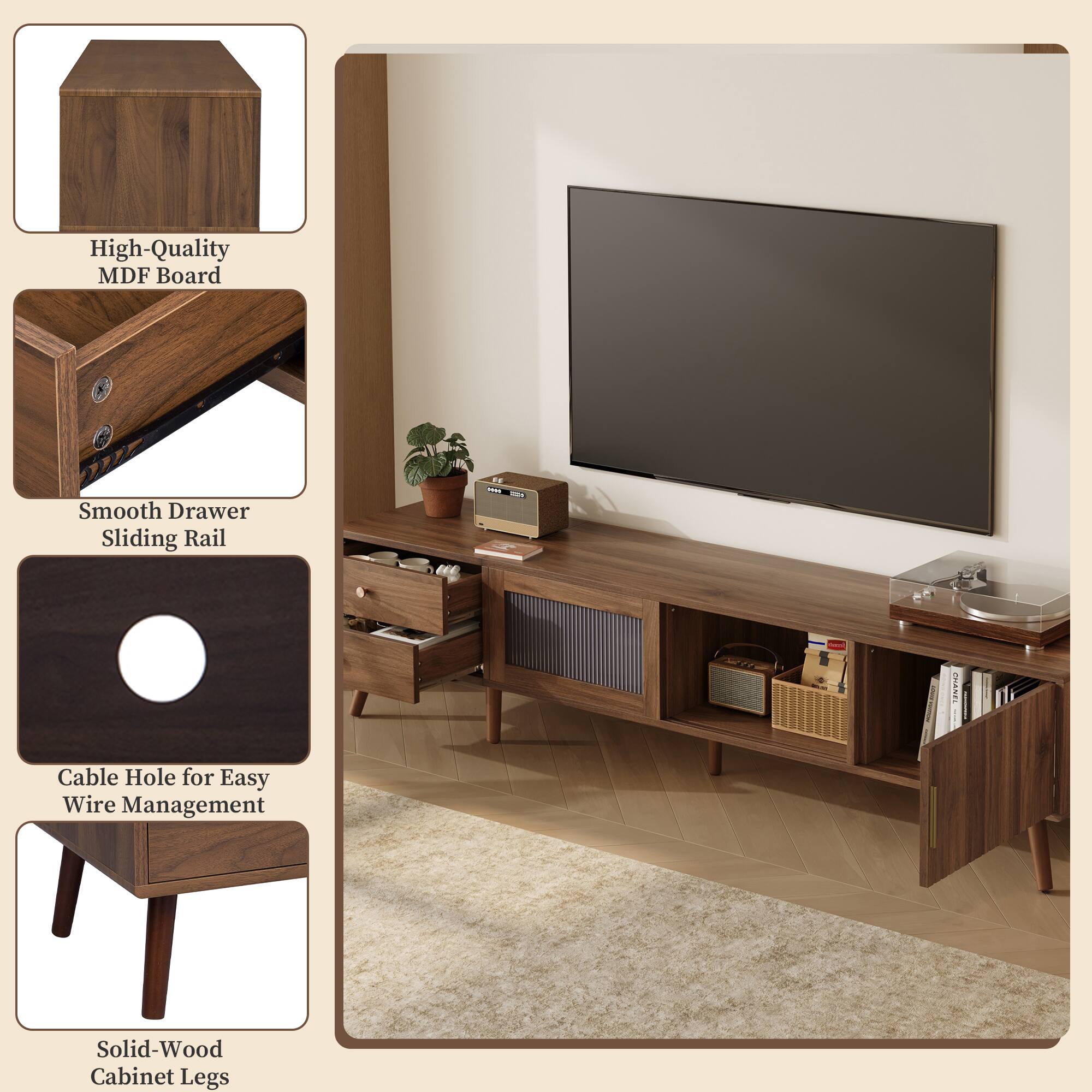 High-Quality MDF Board  
Smooth Drawer Sliding Rail  
Cable Hole for Easy Wire Management  
Solid-Wood Cabinet Legs