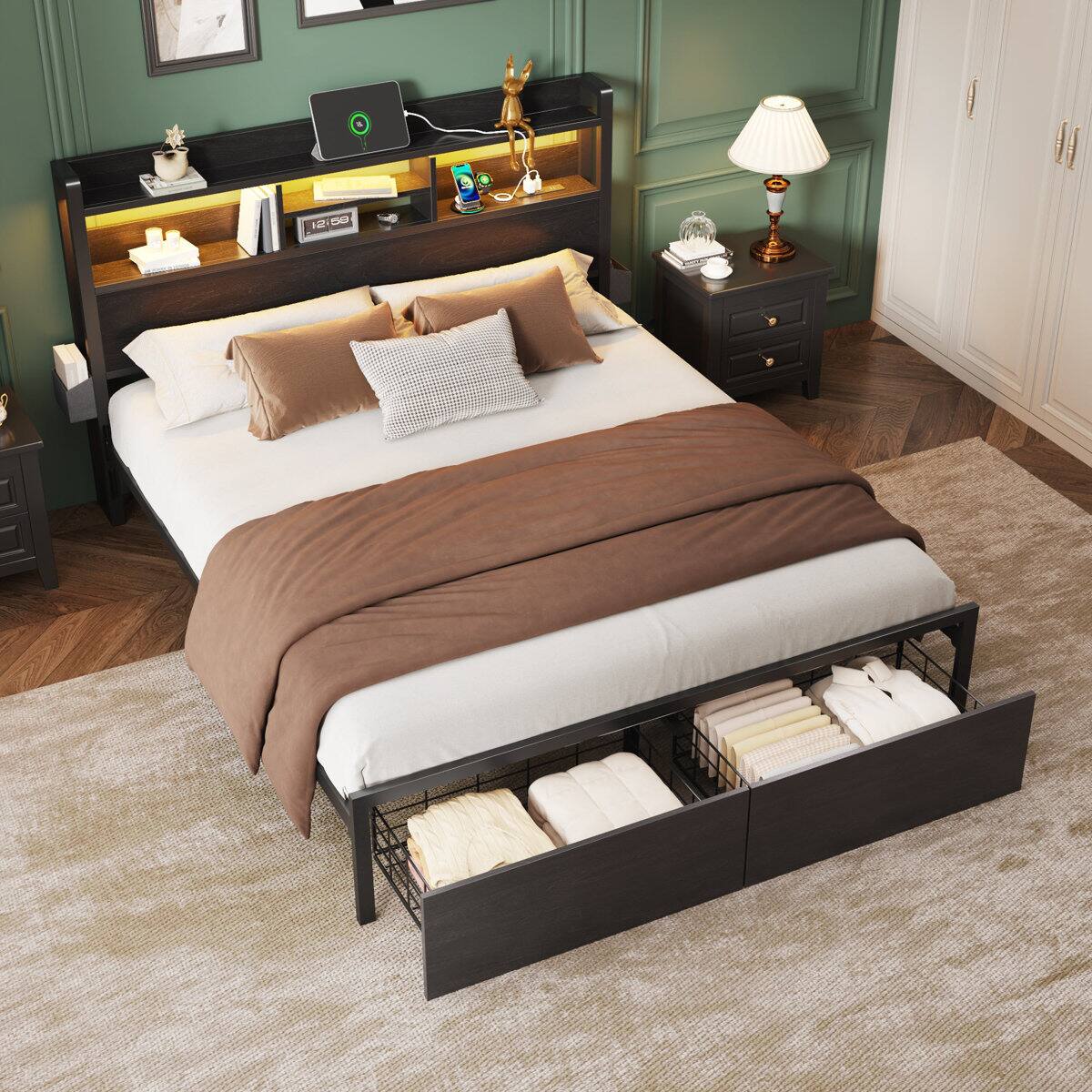 Alt View 2. Furnulem - Bed Metal Frame Adjustable Height with 3-Tier Shelf RGB LED Light Charging Station - Black.
