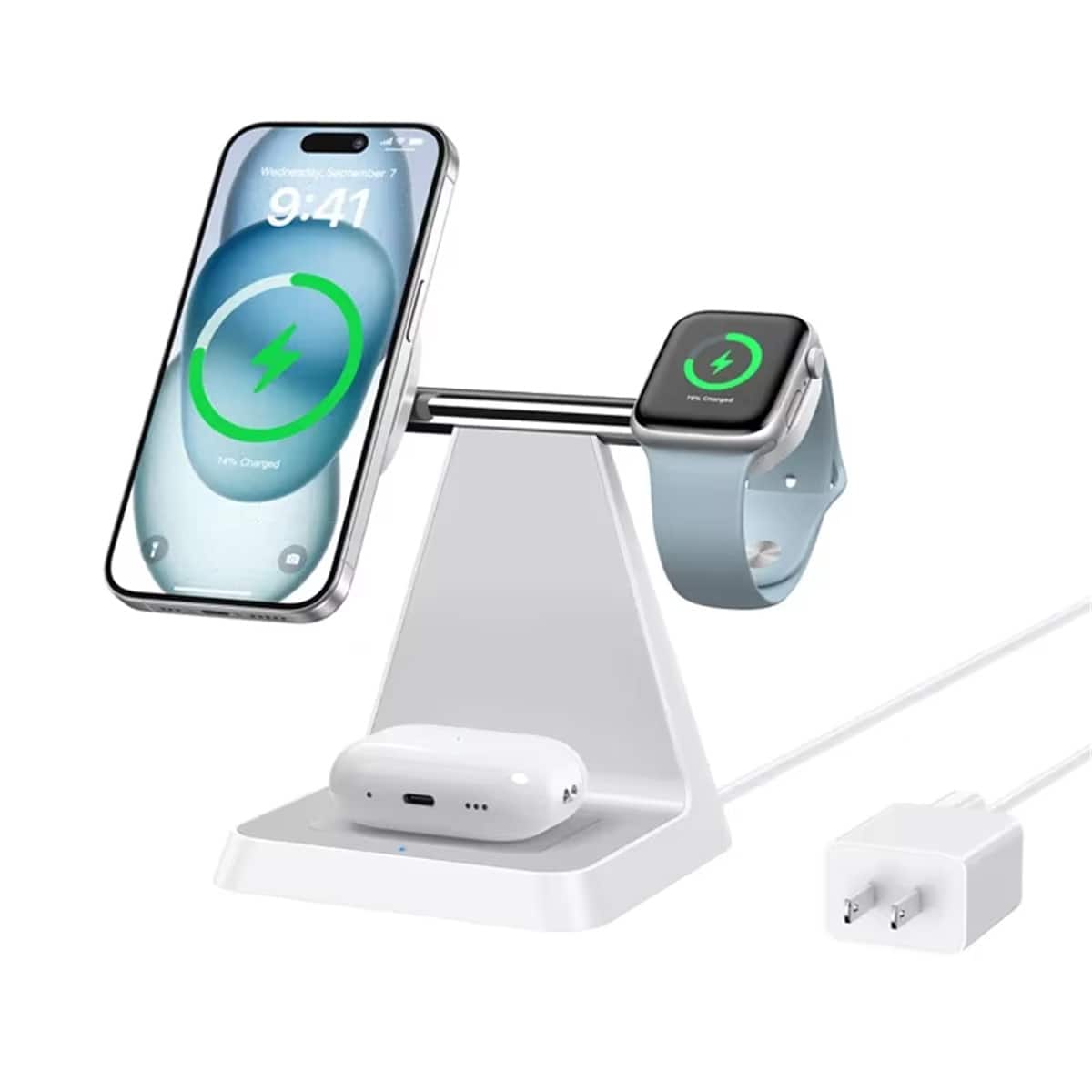 Luckbyte - 3-in-1 Magnetic Wireless Charging Station for iPhone 16-12, Apple Watch & AirPods, MagSafe Compatible Stand, Metal Rod - White