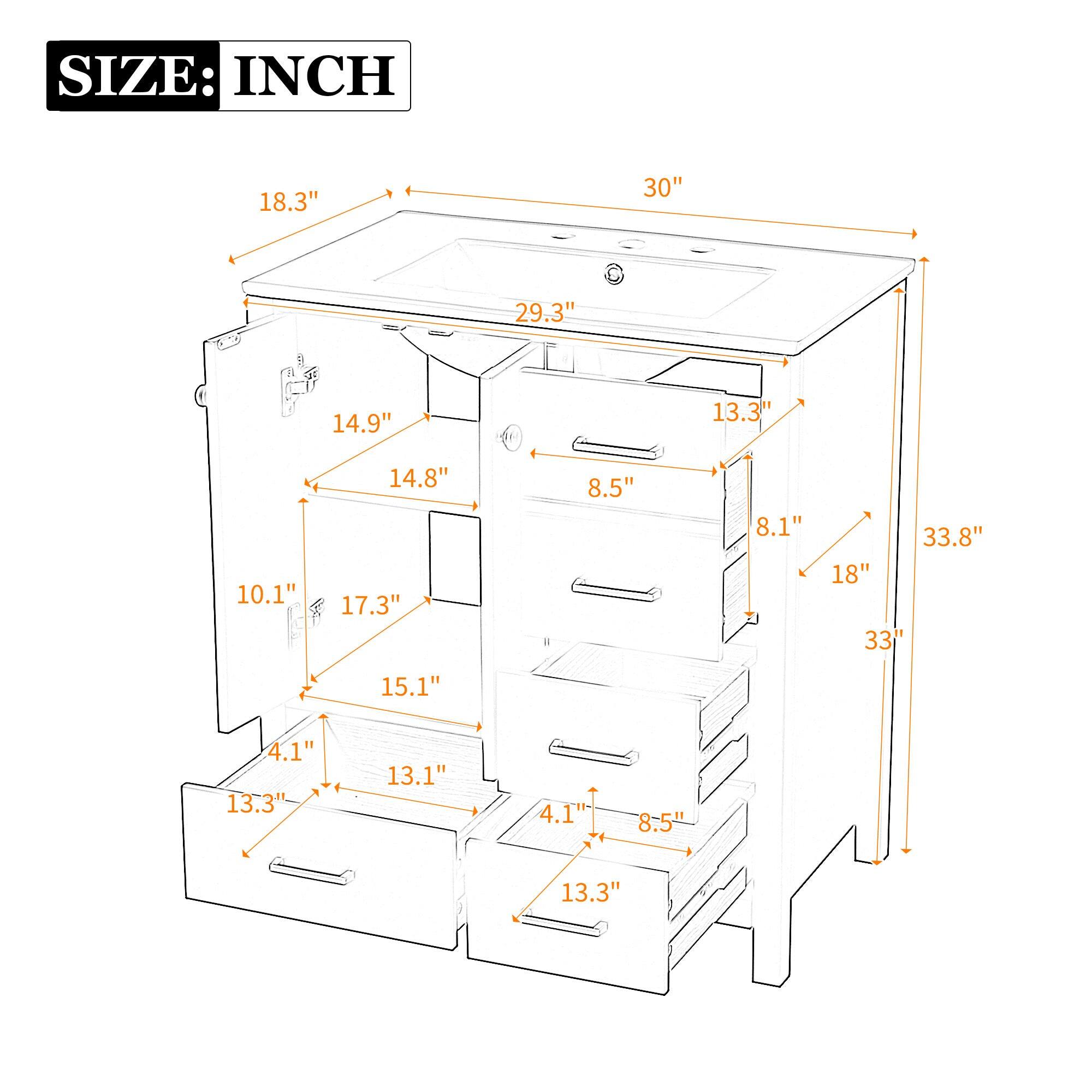 SIZE: INCH  
18.3" 30" 29.3" 14.9" 14.8" 13.3" 10.1" 8.5" 8.1" 33.8" 18" 33" 15.1" 4.1" 13.1" 13.3"