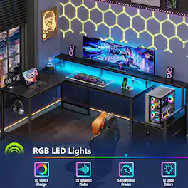Furnulem - 66 In LShaped Gaming Desk with LED Lights Power Outlets Computer Desk with Drawers Printer Stand - Black