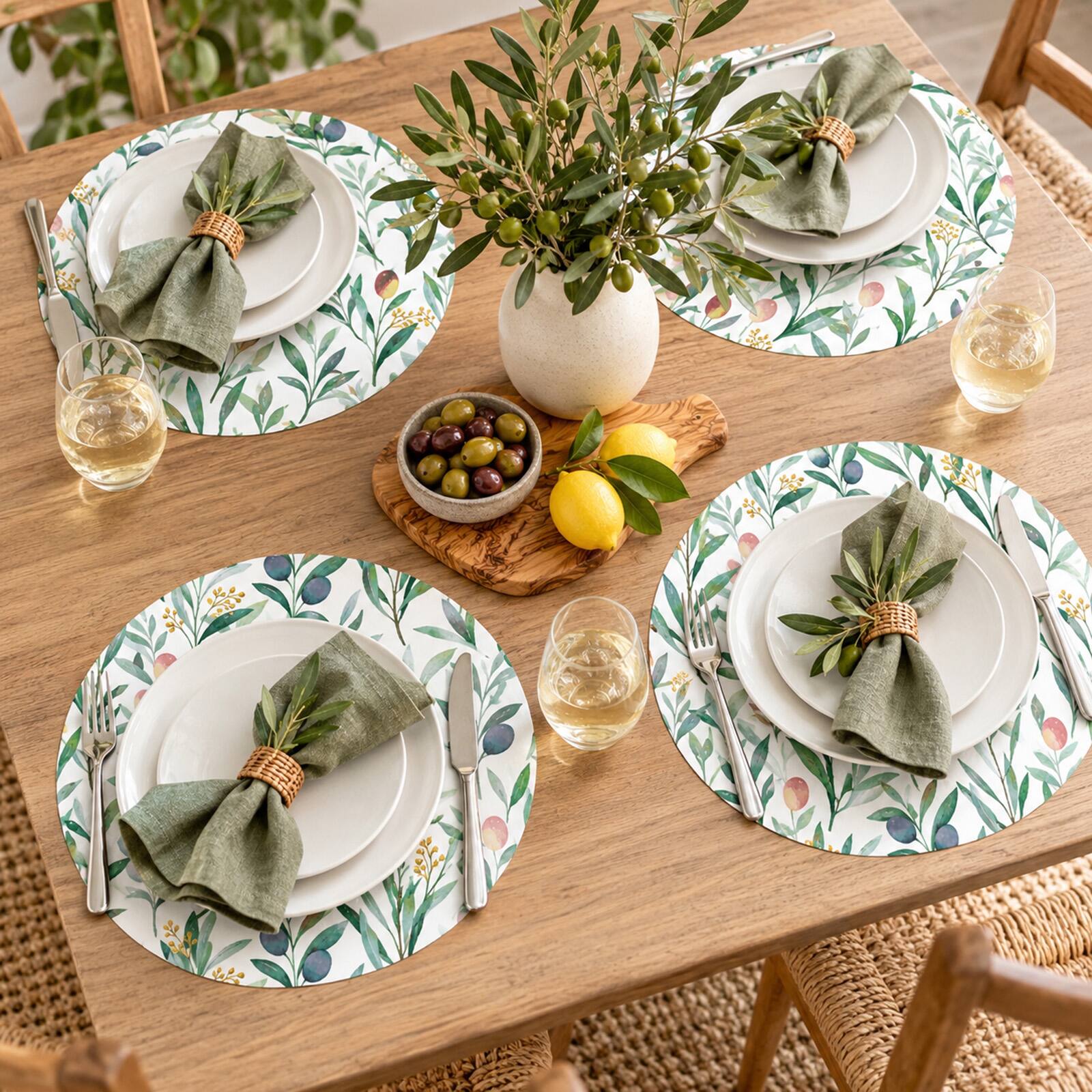 Alt View 2. Frieling - Davanti by  Casa Round Vinyl Placemat, 15" Diameter, Watercolor Olive Branch Print - Olive.
