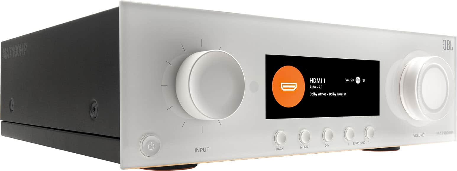 The text on the image reads: "A710OHP JBL HDMI 1 Auto 7.1 Vol.50 Dolby Atmos Dolby TrueHD VOLUME MA7100HP INPUT BACK MENU DIM SURROUND 1."