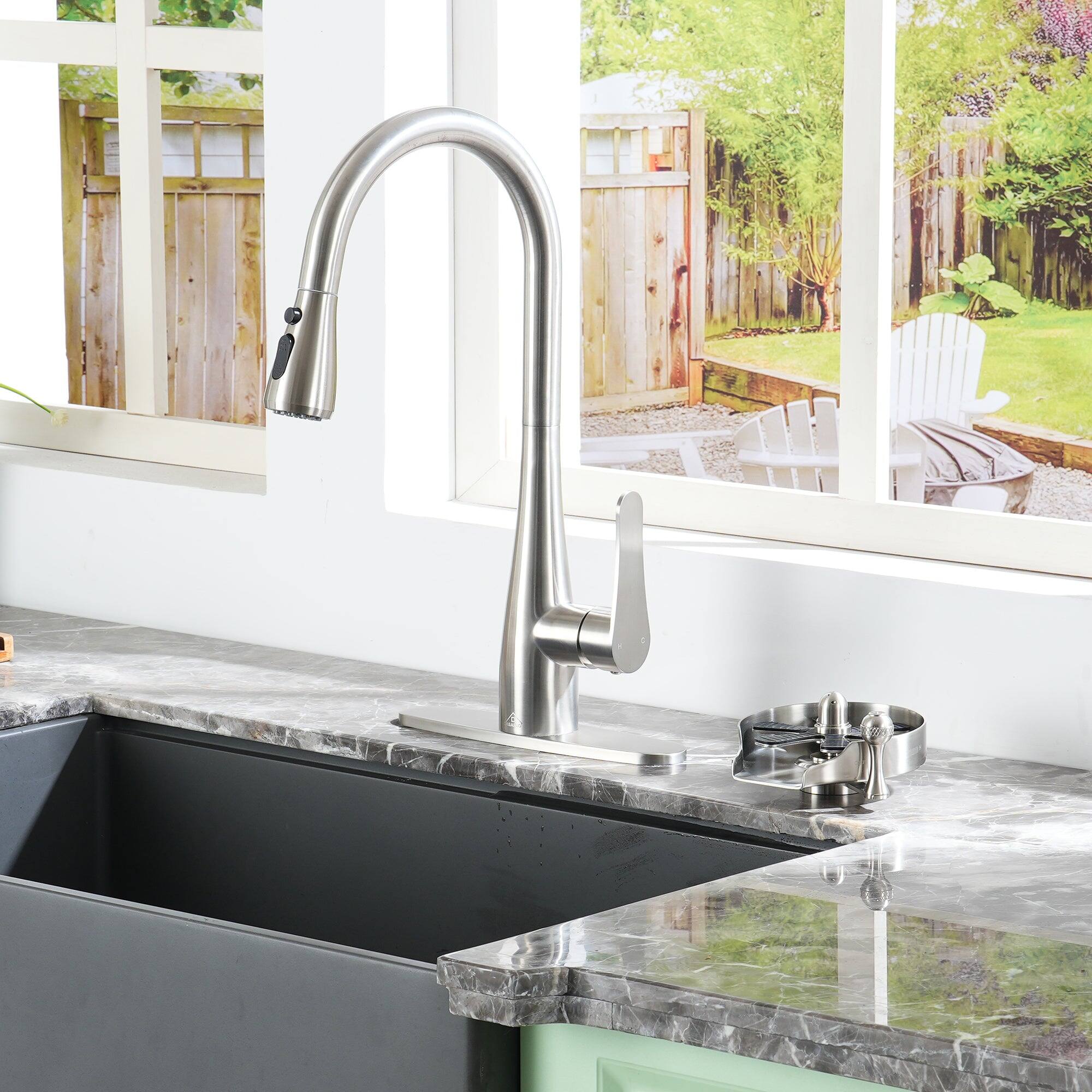 Alt View 4. Boyel Living - 5 in. Stainless Steel Glass Rinser with Hot and Cold Water Supply Hoses and T-shaped 3 way Connectors in Brushed Nickel - Brushed Nickel.