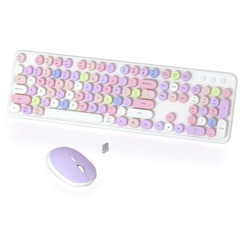 Reds Spade - Colorful And Mouse Combo 2 Retro Cute Round Keycaps Full sized Set With Button For Pc Laptop Desktop Gradie - white-pink color