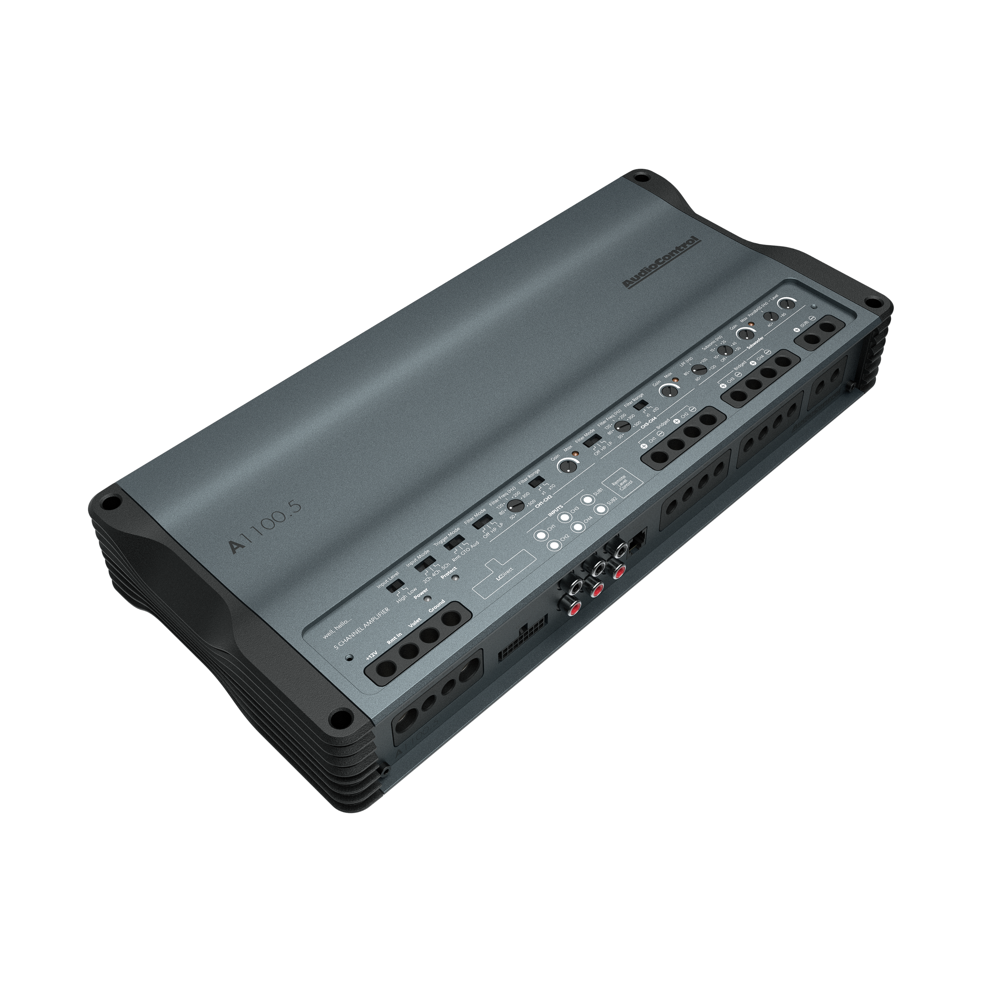AudioControl e-1100.5 is a device that has multiple ports and buttons on its front panel. The device is grey in color and is designed for audio control purposes.