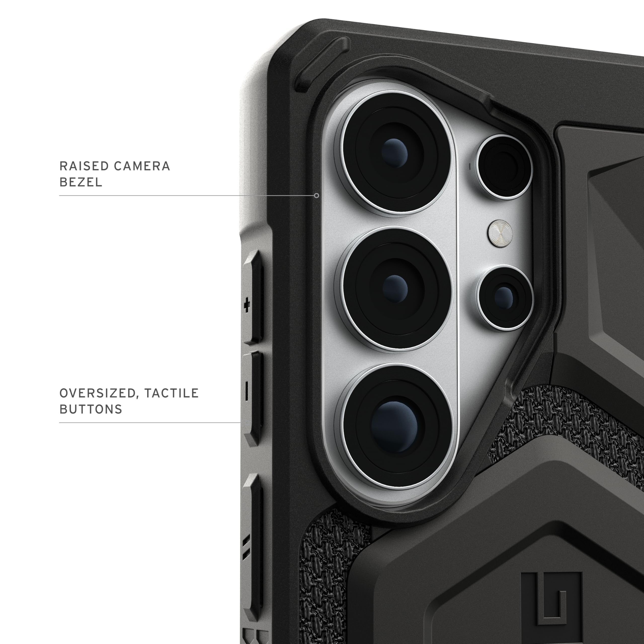 RAISED CAMERA BEZEL  
OVERSIZED, TACTILE BUTTONS