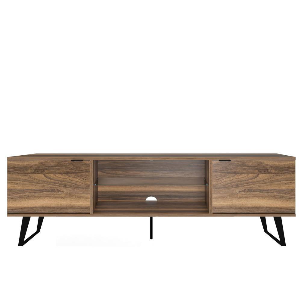 Alt View 1. Atelier Mobili - Mid Century Modern Door Glass Shelf TV Stand, Walnut - Brown.