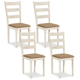 Costway - Rubber Wood Dining Chairs Set of 4 with Soft Padded Seat & Breathable Linen Fabric - White+Brown