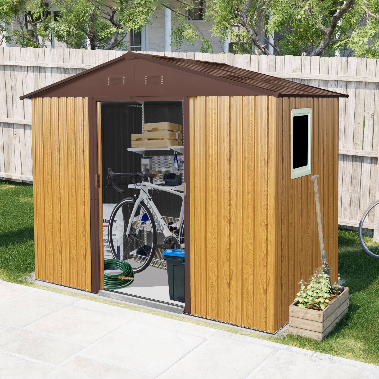 Left. Mondawe - 8 ft x 4 ft Outdoor Metal Storage Shed with Window and Metal Foundation - Coffee.