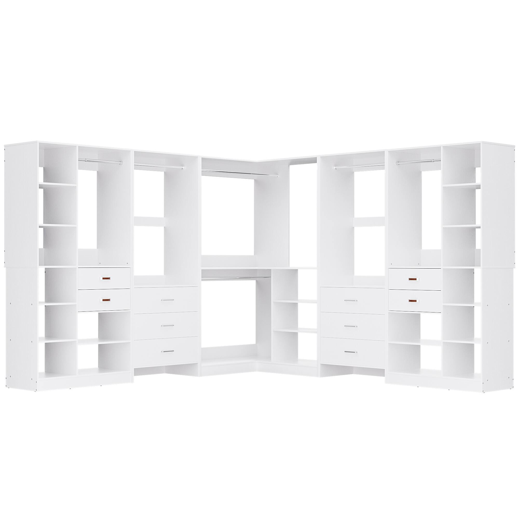 Angle. Aheaplus - 100'' Large L Shaped Walk-in Closet System with 10 Wooden Drawers, 6 Hanging Rods and Corner Tower - White.