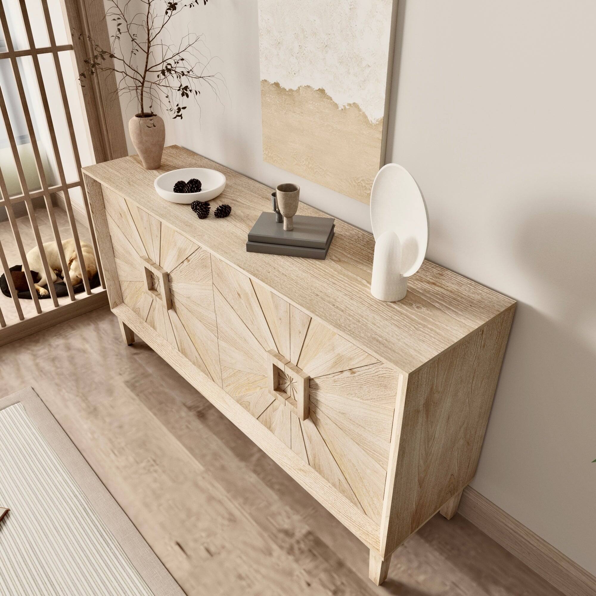 Alt View 7. Boyel Living - Sixty Inch Rustic Farmhouse Credenza with Sunburst Doors Adjustable Shelves Wood TV Stand - Antique Natural.