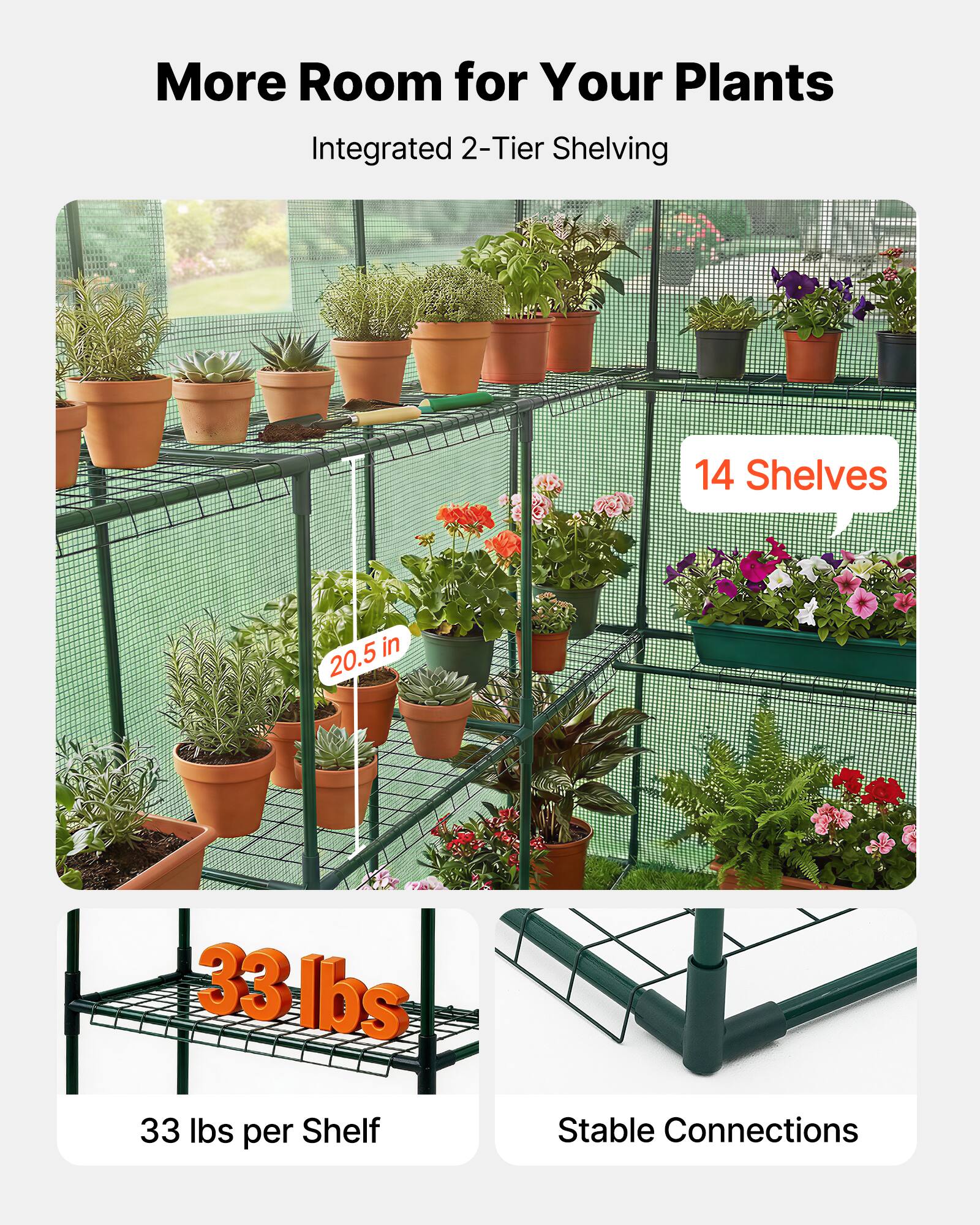 More Room for Your Plants  
Integrated 2-Tier Shelving  

14 Shelves  
20.5 in  
33 lbs per Shelf  
Stable Connections
