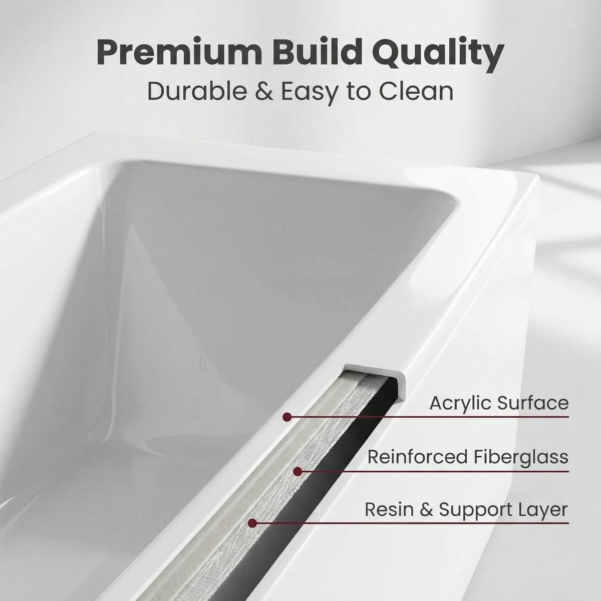 Premium Build Quality  
Durable & Easy to Clean  

Acrylic Surface  
Reinforced Fiberglass  
Resin & Support Layer