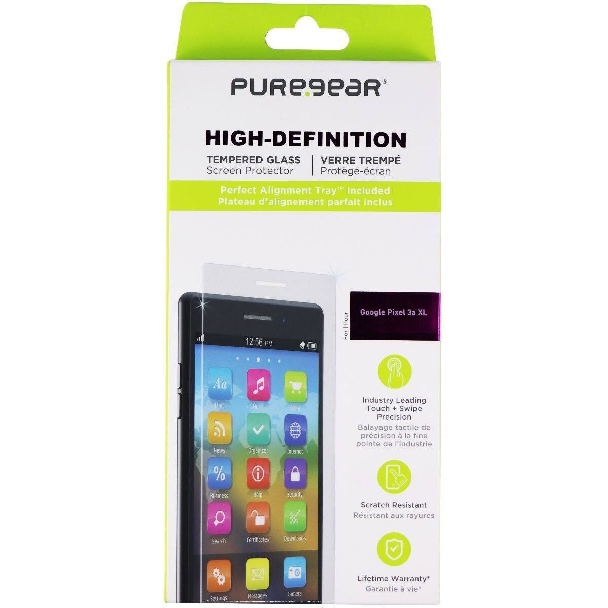 PUREgeaR HIGH-DEFINITION TEMPERED GLASS VERRE TREMPÉ Screen Protector Protège-écran Perfect Alignment Tray" Included Plateau d'alignement parfait inclus 12:56 PM Peur For Google Pixel 3a XL Aa Dut firus % Biiness Ja Organizm i Hop Mow Internet Security Industry Leading Touch + Swipe Precision Balayage tactile de précision à la fine pointe de l'industrie Scratch Resistant Résistant aux rayures Search Certificates Goenicads SURan Messages Cartera Lifetime Warranty Garantie à vie*