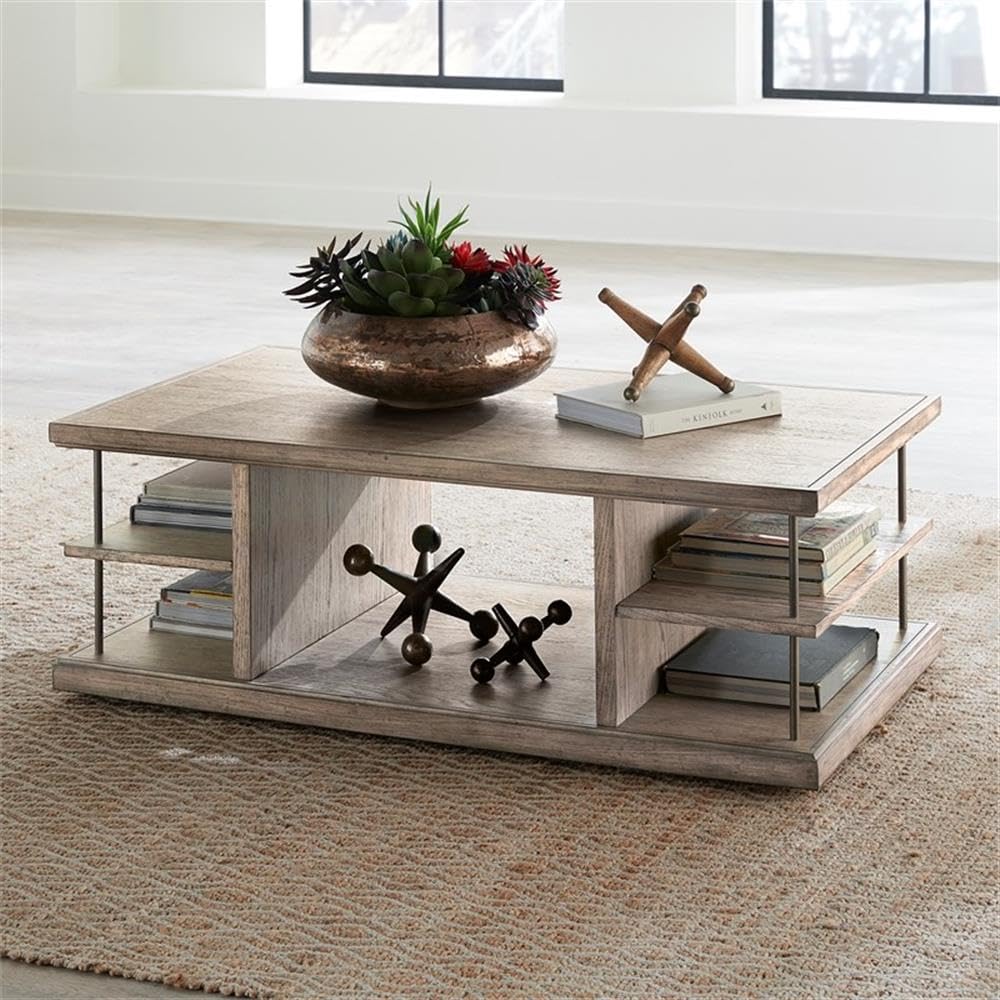 Angle. Liberty Furniture Industries - City Scape Metal Accent Oak Wood Cocktail Table for Living Room Burnished Beige - Burnished Beige.