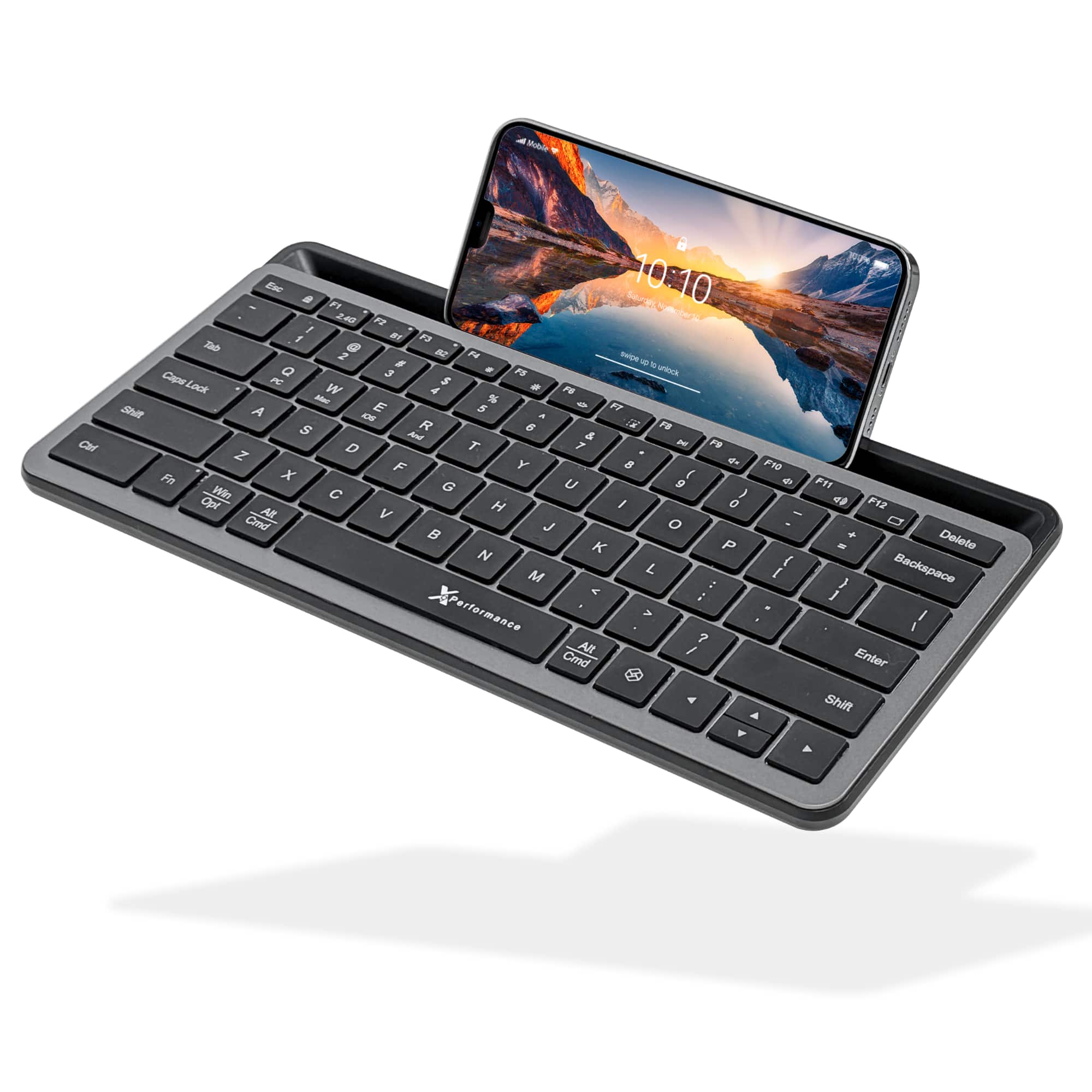 X9 - Performance Small Wireless Keyboard with Dock - (BT + 2.4Ghz) - Ready for Travel - Compact Bluetooth Keyboard for Tab - Black/Gray