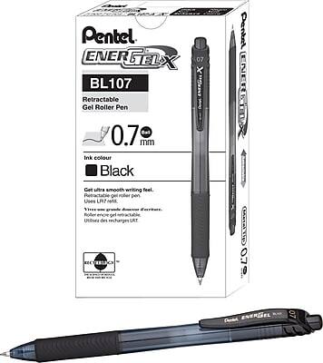 Pentel ENERGELX BL107 Retractable Gel Roller Pen 0.7 mm  
Ink colour: Black  
Get ultra smooth writing feel.  
Retractable gel roller pen.  
Utilise des encre gel ultra lisse.  
Utilise des encre gel ultra lisse.  
Uses LA? ne 1ivee Roler ence gel nothing_t_traanscribe Uninez de rechargen LET dEVENGN CPR 070 ENERGEL 07