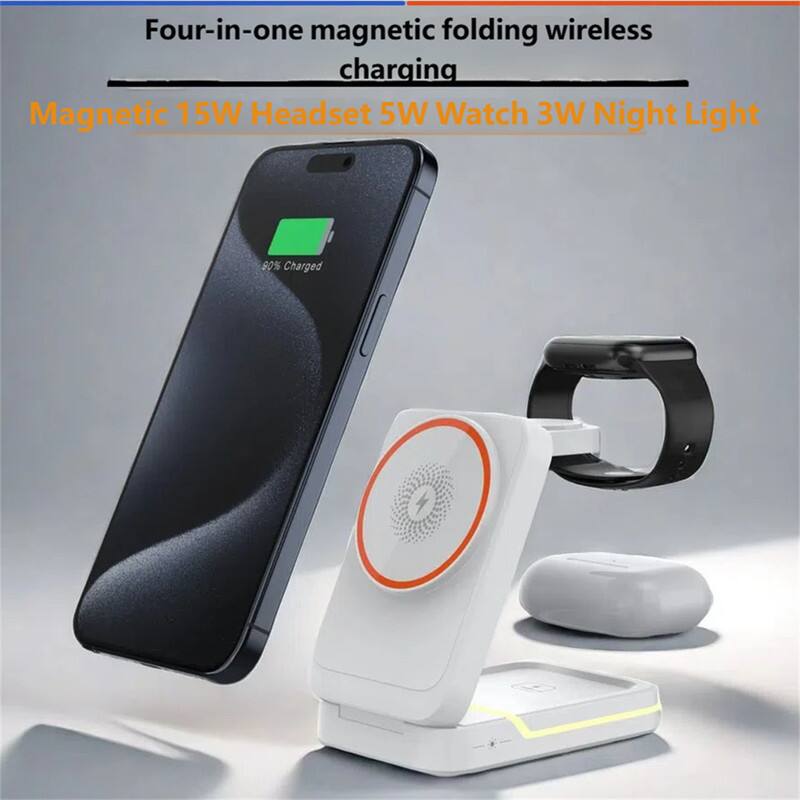 Four-in-one magnetic folding wireless charging  
Magnetic 15W Headset 5W Watch 3W Night Light  
90% Charged