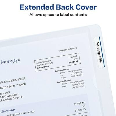 Extended Back Cover  
Allows space to label contents

---

**Mortgage Statement**

Account number: 12354687  
Due Date: 10/10  
Amount Due: $1,925.45

Customer Service:  
- Online: abc mortgage.com  
- Phone: (123) 456-4516  
- Fax: (123) 456-4831

Payment Method:  
- Online: abc mortgage.com  
- Mail: PO Box 12345, 5, Francisco, CA 94111

Address:  
Marshall Dr. 0, Techwood, CA 94111

---

**Mortgage Bills**

Account number: 12354687  
Due Date: 10/10  
Amount Due: $1,925.45

---

**Summary**

- Principal and Interest: $1,925.45  
- Interest: $0  
- Total: $1,925.45