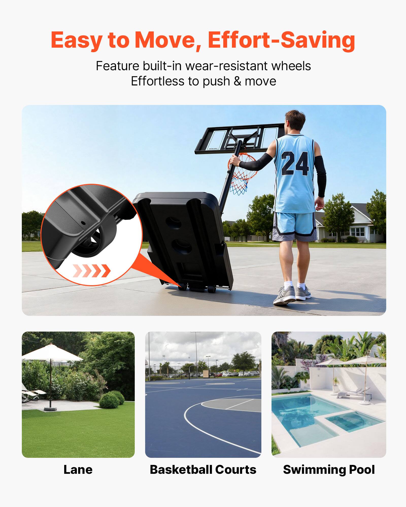 Easy to Move, Effort-Saving  
Feature built-in wear-resistant wheels  
Effortless to push & move  

24 Lane Basketball Courts Swimming Pool