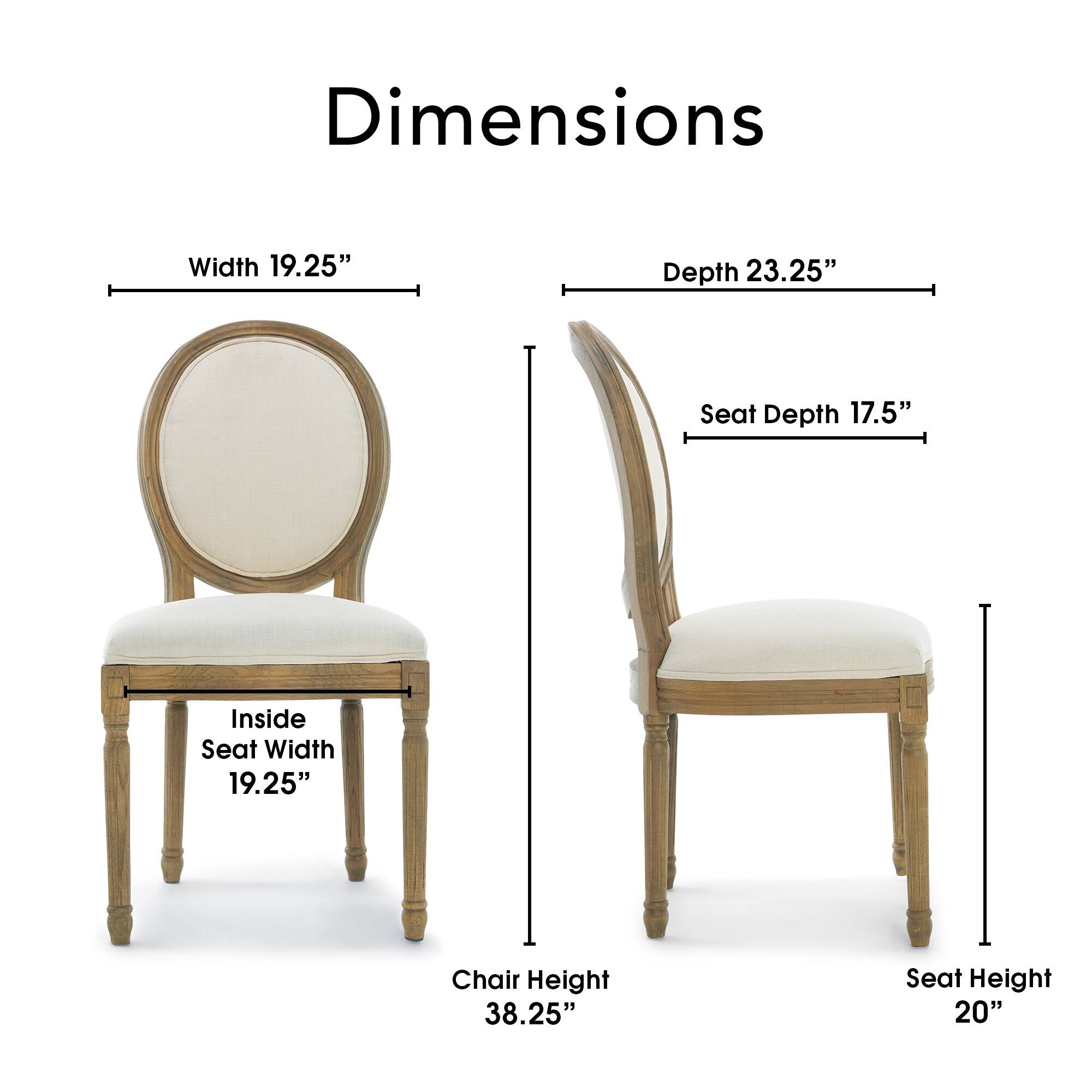 Dimensions  
Width 19.25"  
Depth 23.25"  
Seat Depth 17.5"  
Inside Seat Width 19.25"  
Chair Height 38.25"  
Seat Height 20"