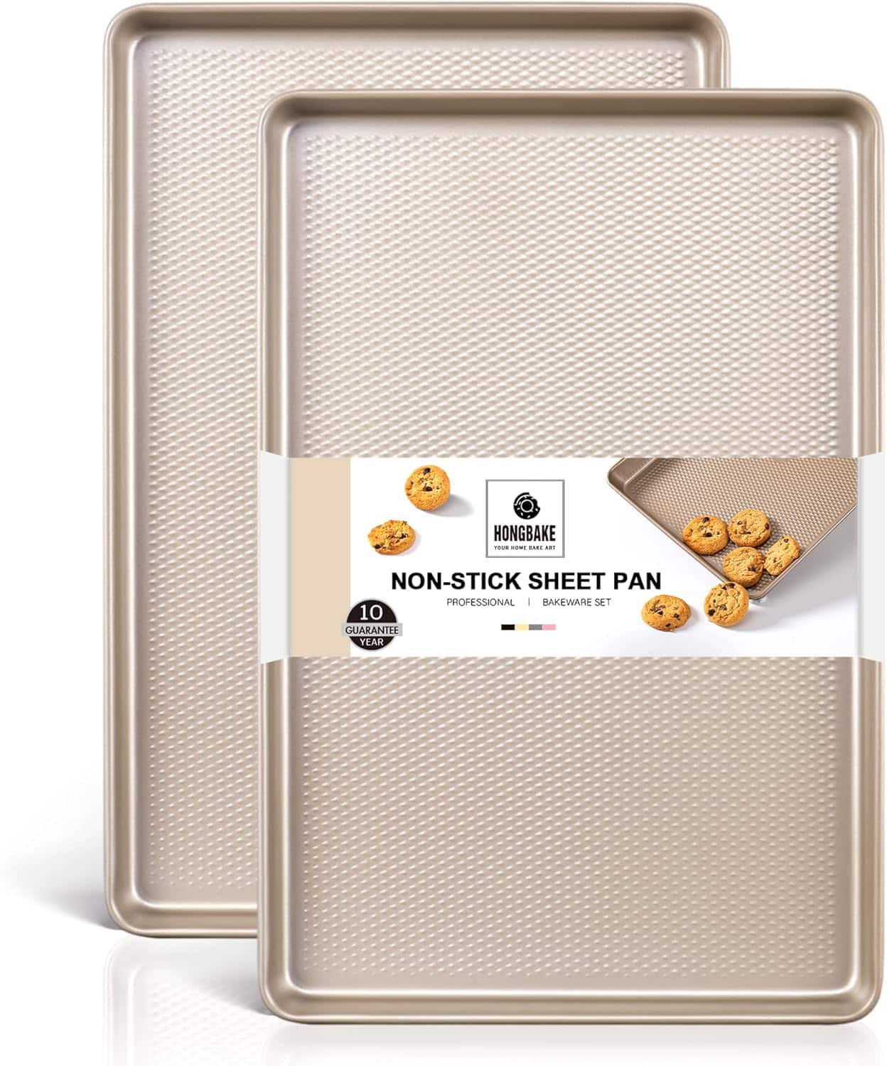 HONGBAKE - 2 Pack Half Sheet Baking Pans,Non Stick Baking Sheet for Oven, 57% Thicker , 17.5" x 12" Cookie Trays - Champagne Gold