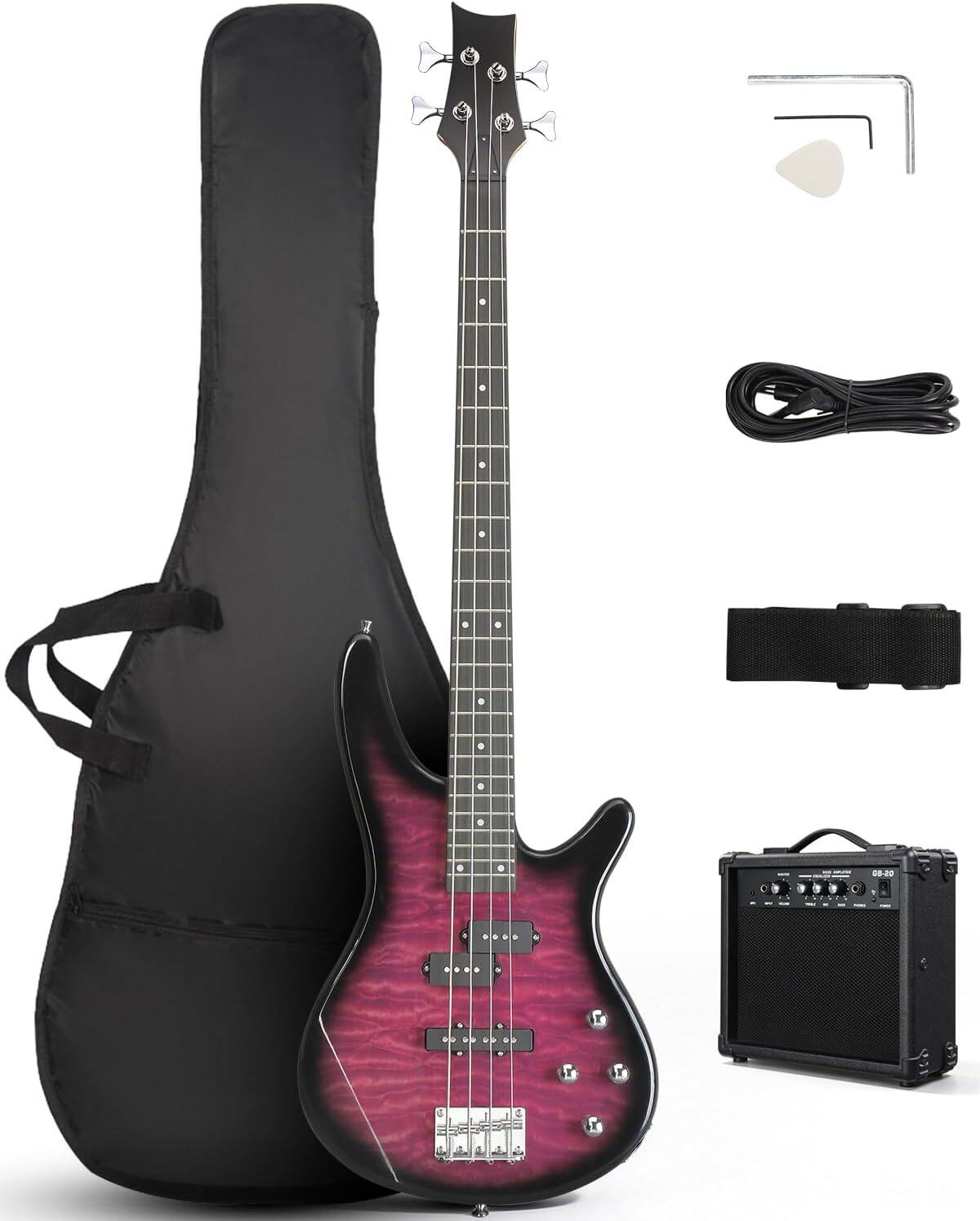 Winado - Electric Bass Guitar 4 String Bass Guitar Kit-Tiger Stripes Purple Full Equipment with 20 Watt Amplifier | PJ Type