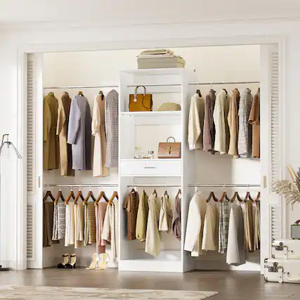 Front. Aheaplus - 2-8 ft Closet Organizer System with 6 Hanging Rods, Wardrobe System with Drawer and Shelves for Storage & Organizers - White.