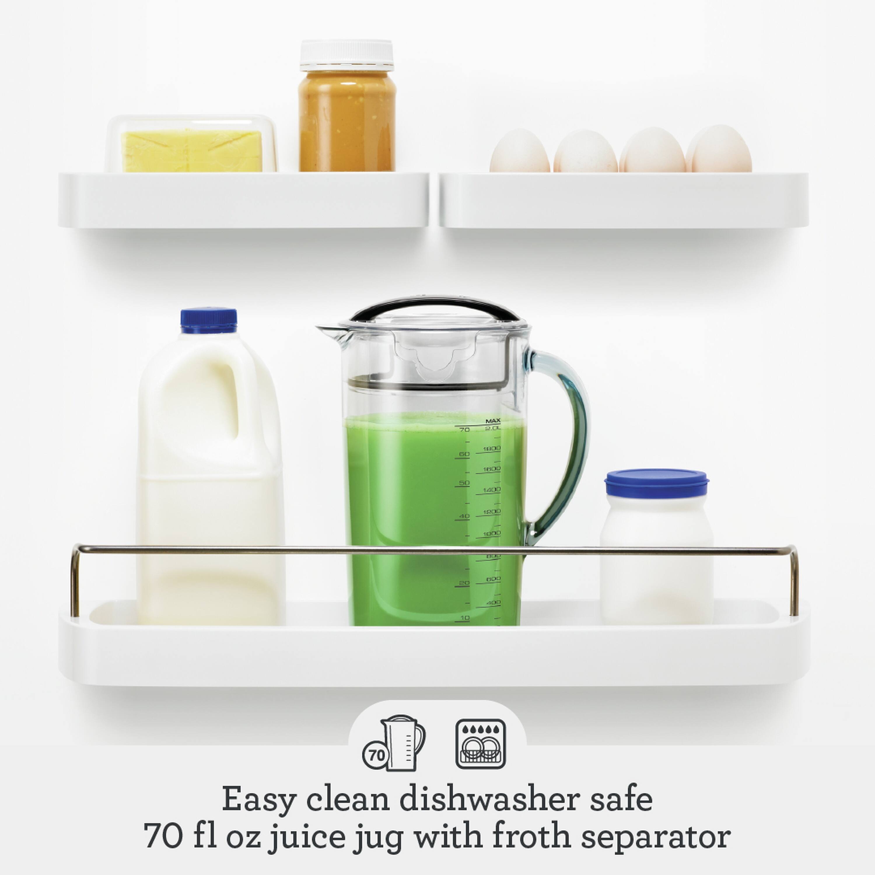 Easy clean dishwasher safe 70 fl oz juice jug with froth separator