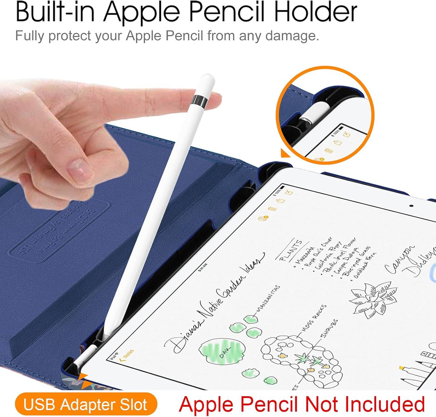 Built-in Apple Pencil Holder  
Fully protect your Apple Pencil from any damage.  

Clover Poppy Flower meb/ PLANTS Marzanta Owl's California Disneya brass Fern vortifina Purple Pactic Caropon Bluereyed Goldback Garden MANZANITAS Native ROCKS MOSS SHRUBS Diancis! DAK ES USB Adapter Slot Apple Pencil Not Included